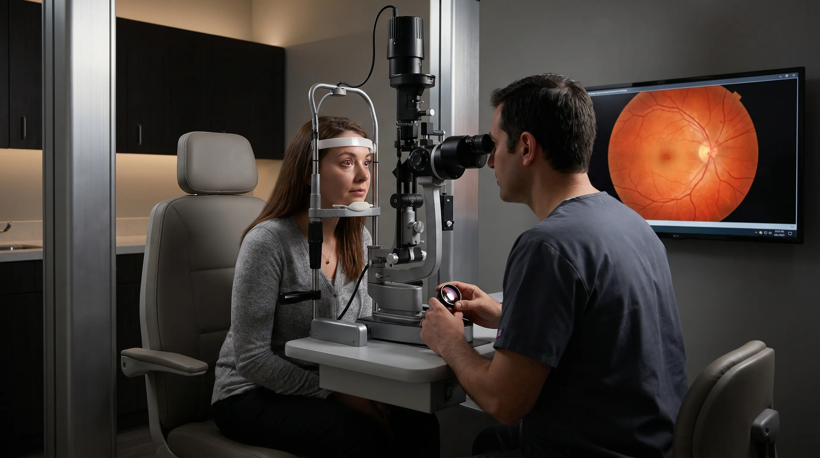 professional optometrist examining a patient using a slit lamp during a comprehensive eye health evaluation