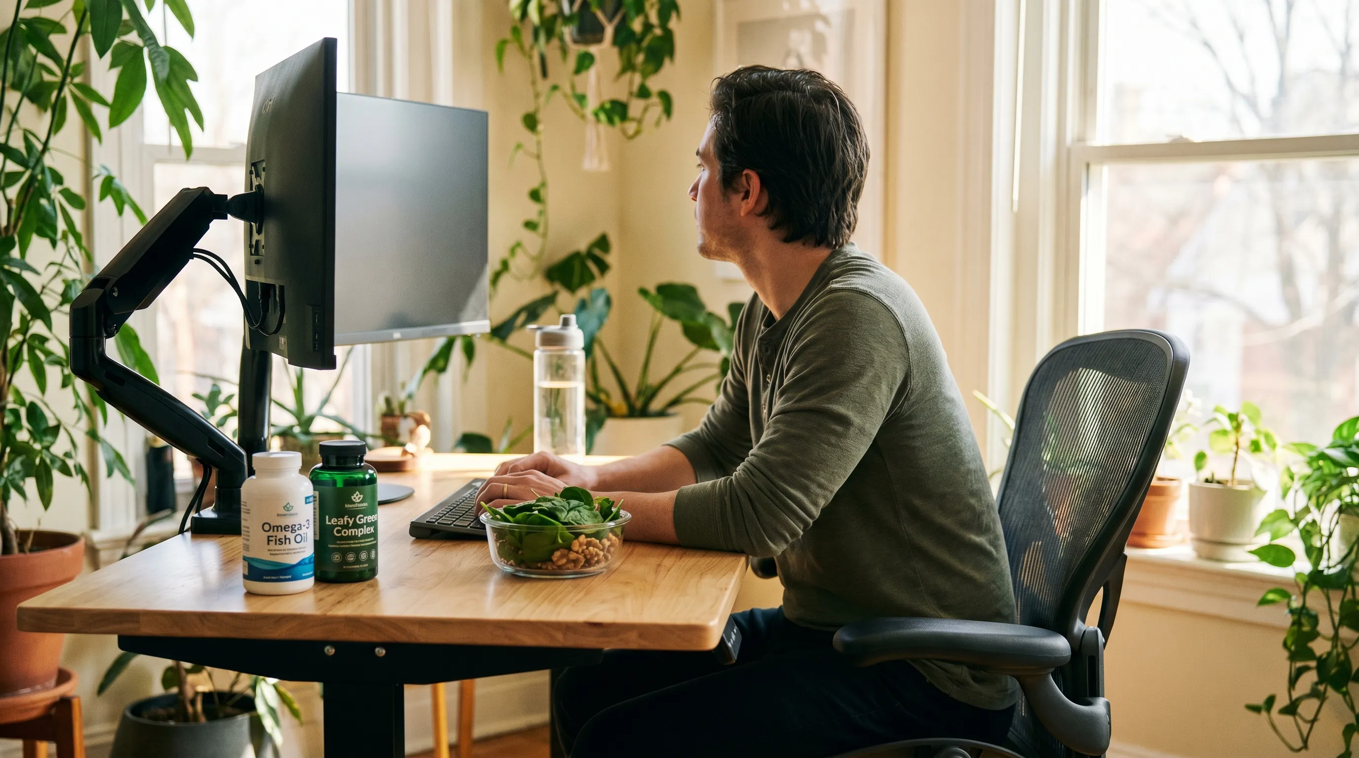 a person practicing the 20-20-20 rule while working at a computer desk, with natural lighting, ergonomic setup, and nutritional supplements like leafy greens and omega-3 sources visible