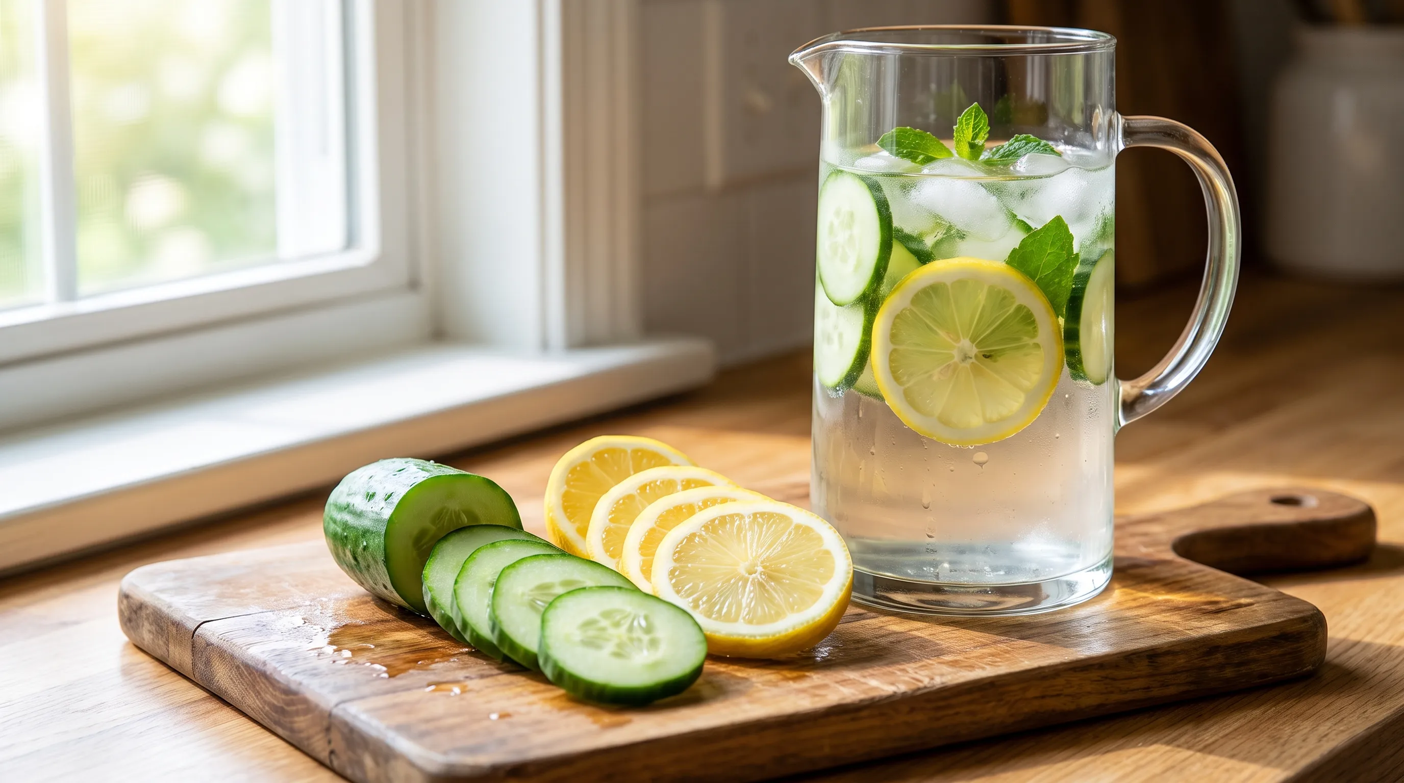Nahaufnahme im Gesundheitsfotografie-Stil: frisch geschnittene Gurken und Zitronen liegen auf einem Holzschneidebrett neben einem klaren Glas aromatisiertem Wasser, helles natürliches Licht, professionelle Food-Fotografie