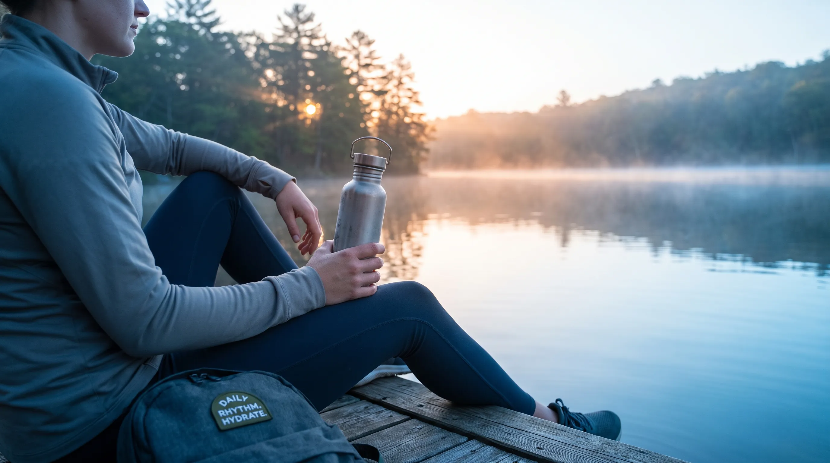 Ruhige Wellness-Szene: Eine Person in Sportkleidung hält bei Sonnenaufgang im Freien eine wiederverwendbare Wasserflasche, graue und blaue Farbtöne betonen Hydration und Alltagsroutine