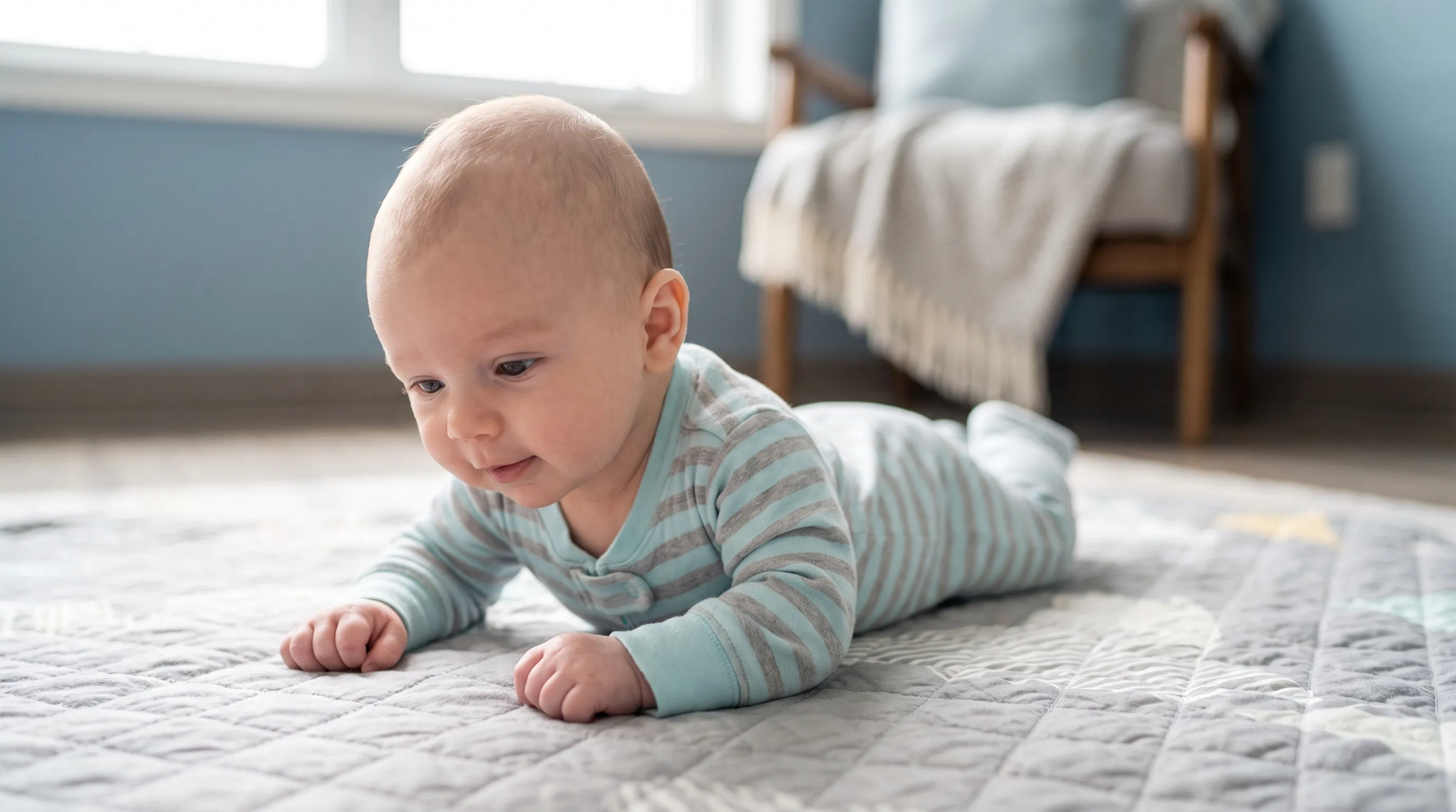 Close-up of a 2-month-old infant on a soft play mat lifting their head and shifting weight to one side, demonstrating early core engagement and neck stability, clinical wellness photography style