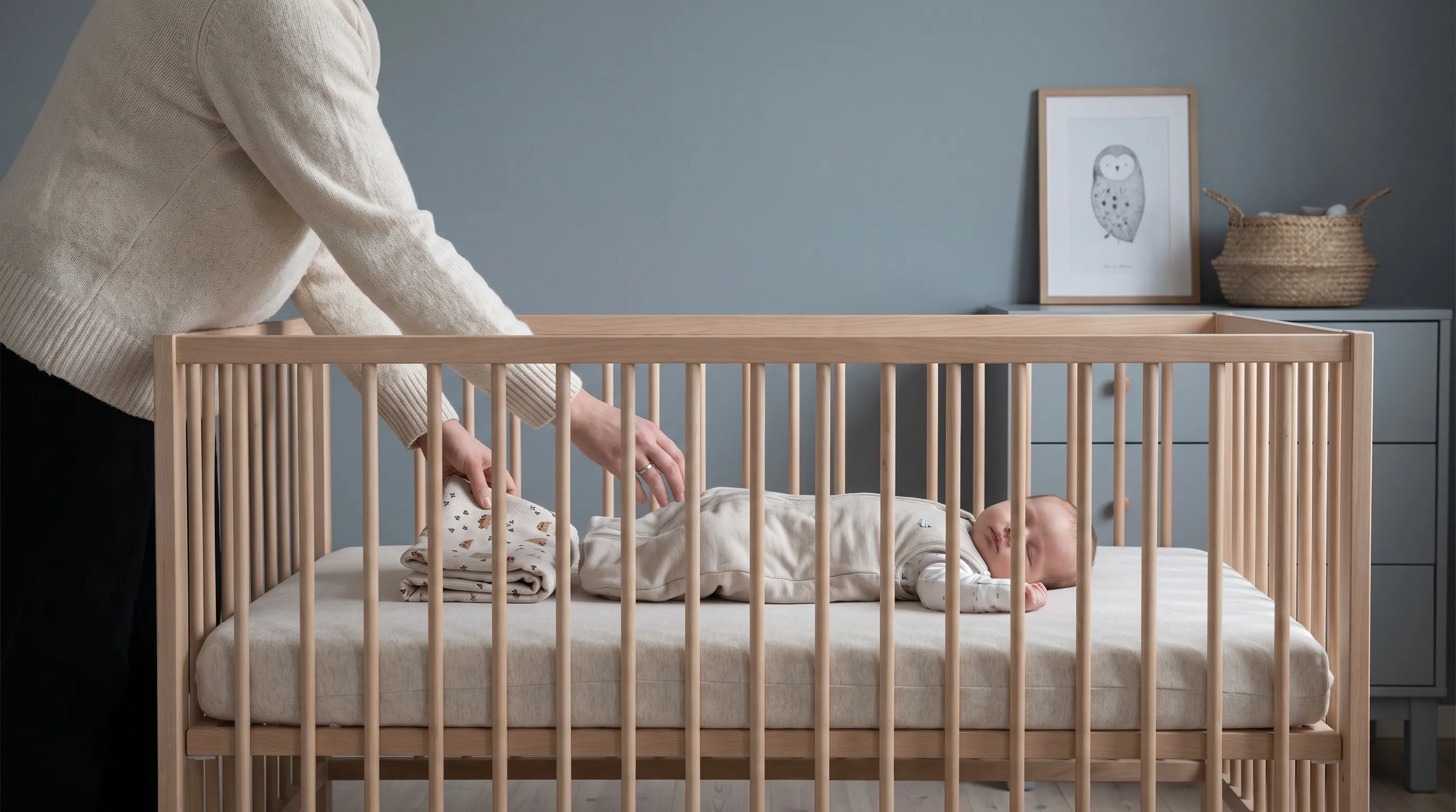 Parent carefully preparing a safe nursery sleep space by removing loose items from a modern crib with a firm mattress, emphasizing pediatric sleep safety standards and fall prevention