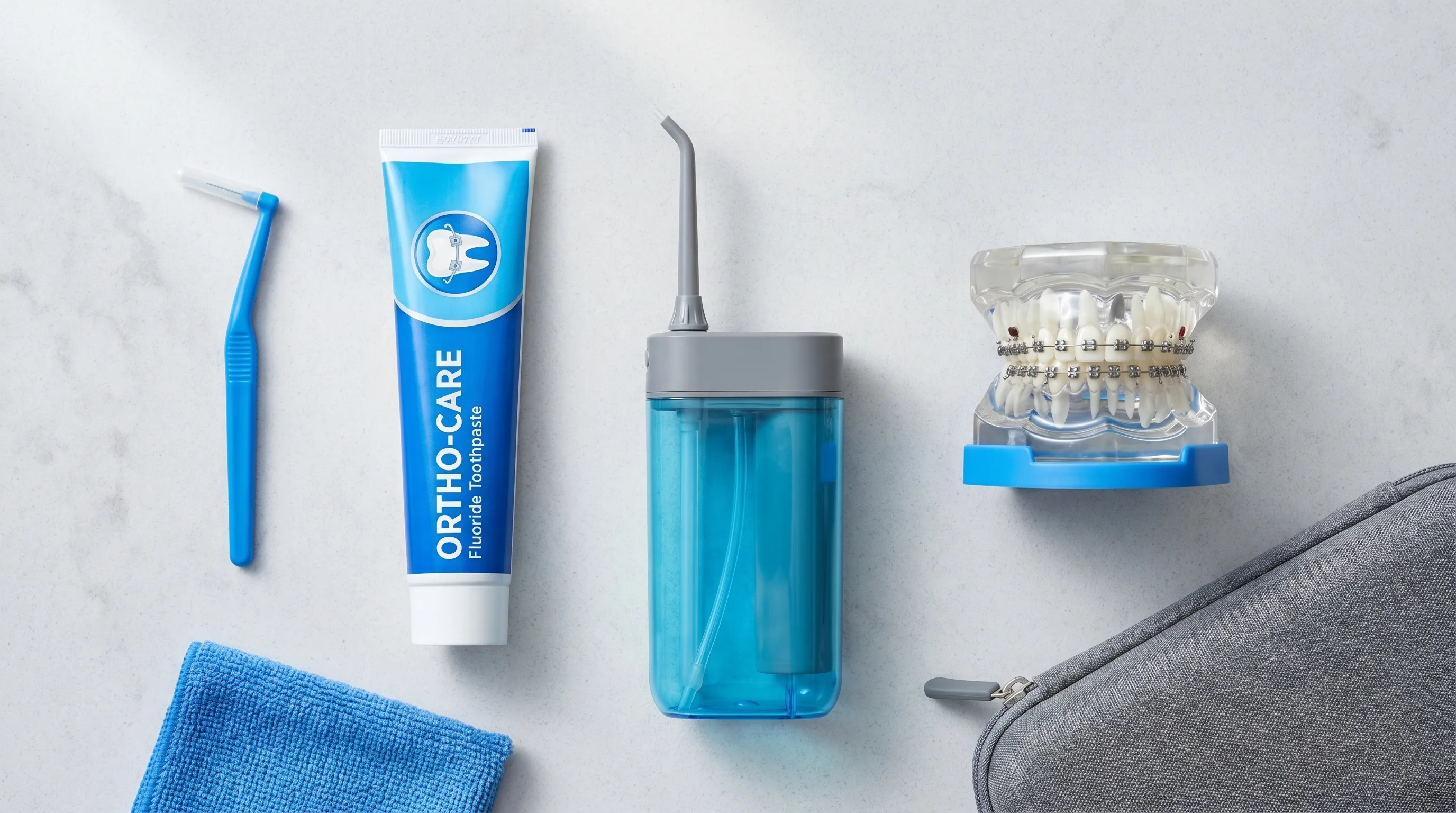 A neatly arranged display of orthodontic care tools including interdental brushes, fluoride toothpaste, a water flosser, and a model ceramic bracket on a clean, clinical background emphasizing proper maintenance and hygiene.