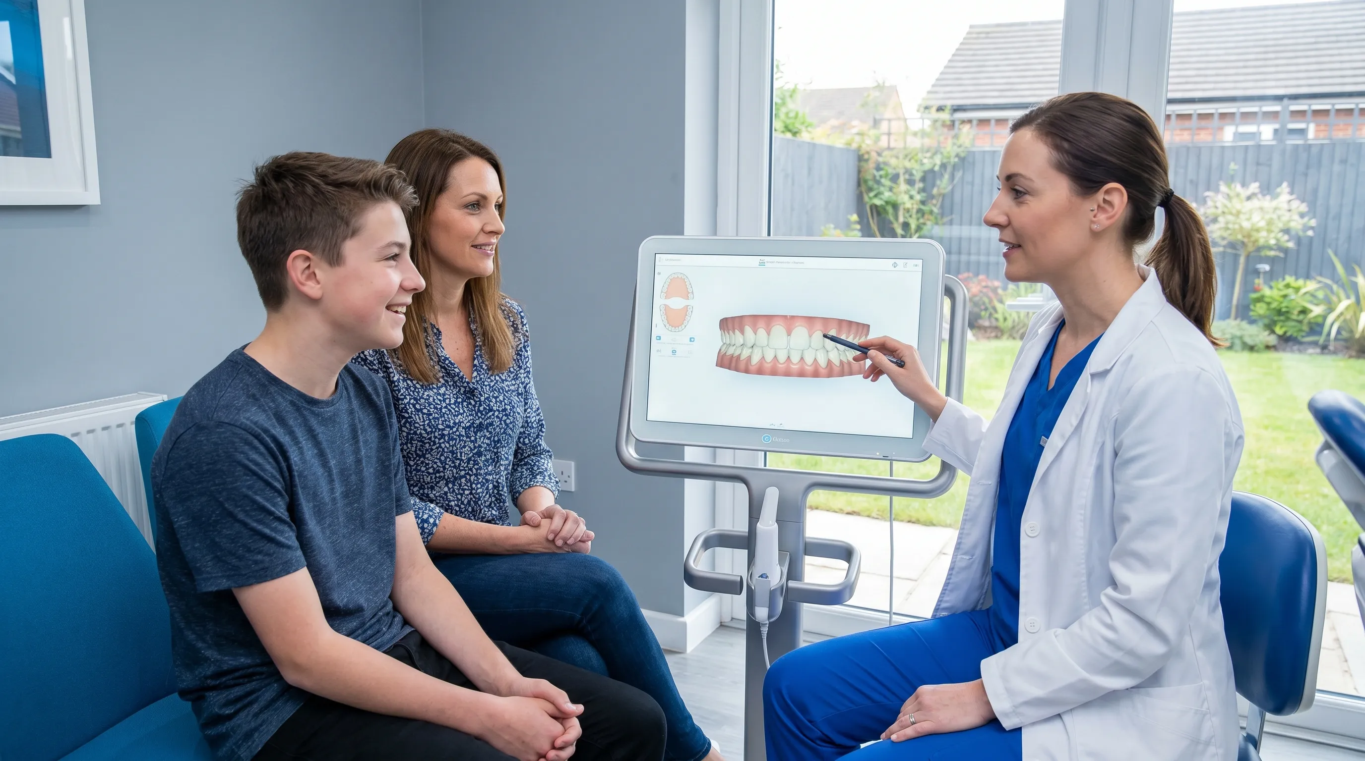 A friendly adolescent and parent consulting with an orthodontic specialist in a modern clinical setting, reviewing a digital treatment plan and alignment progress chart. Professional, calming environment with focused interaction.
