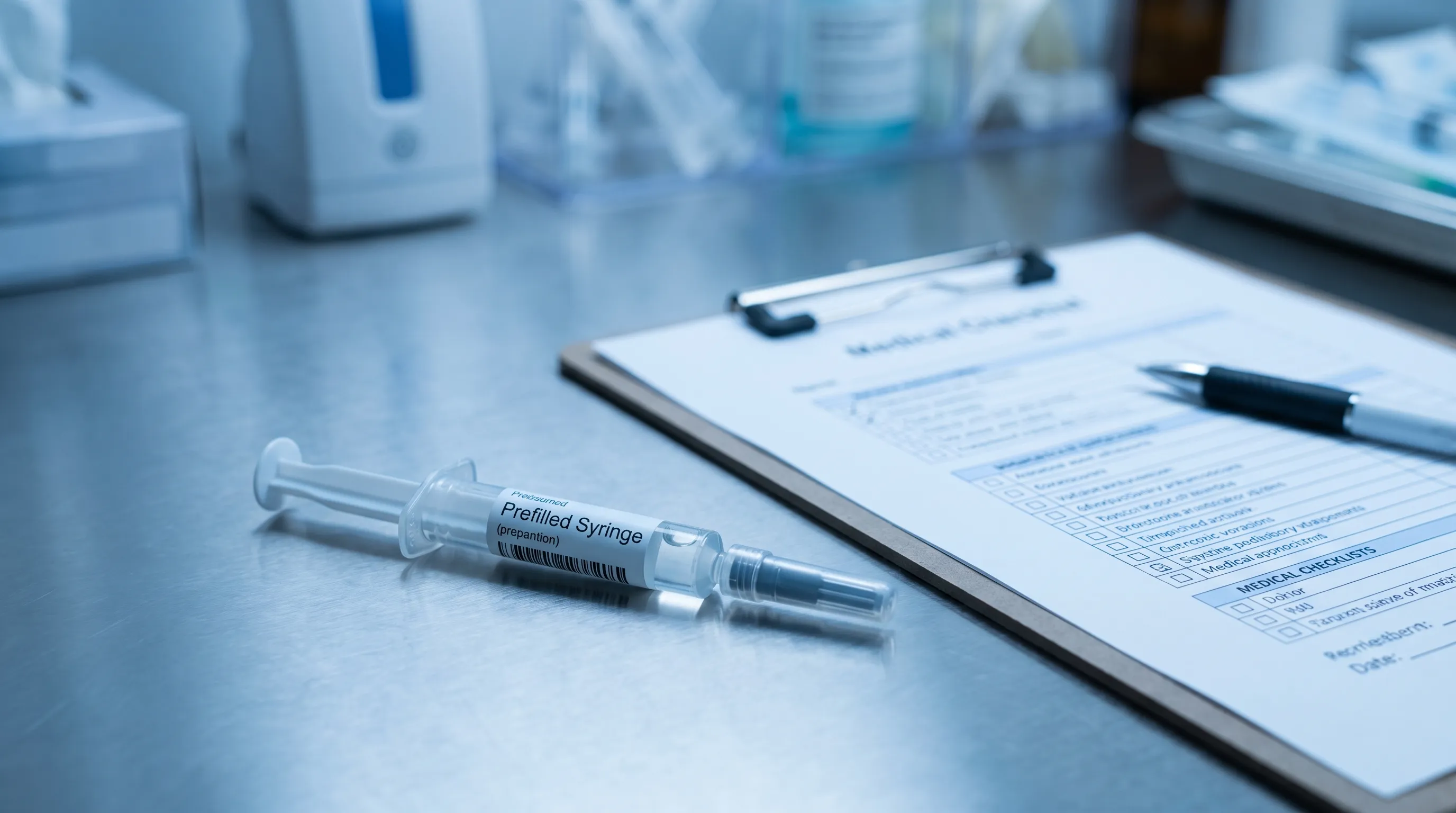 Close-up of a prefilled syringe and medical checklist on a clean, sterile healthcare desk with soft blue lighting, professional medical photography