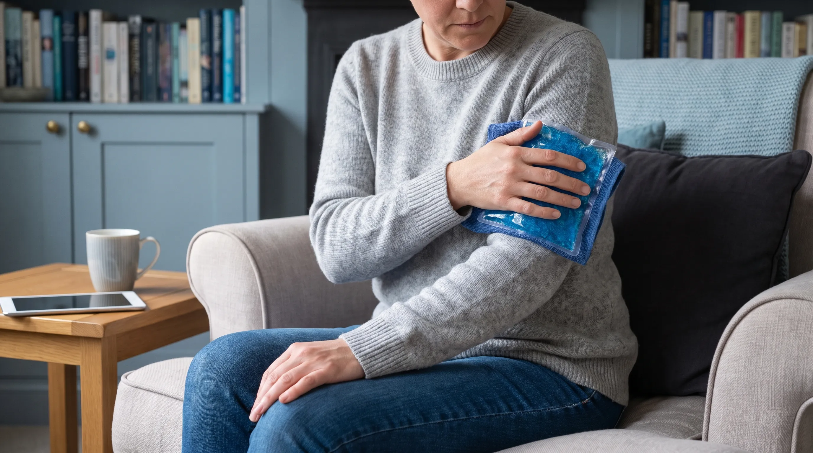 Adult patient gently applying an ice pack to an injection site on the upper arm while sitting in a comfortable home environment, gray and blue tones, 4:3 ratio