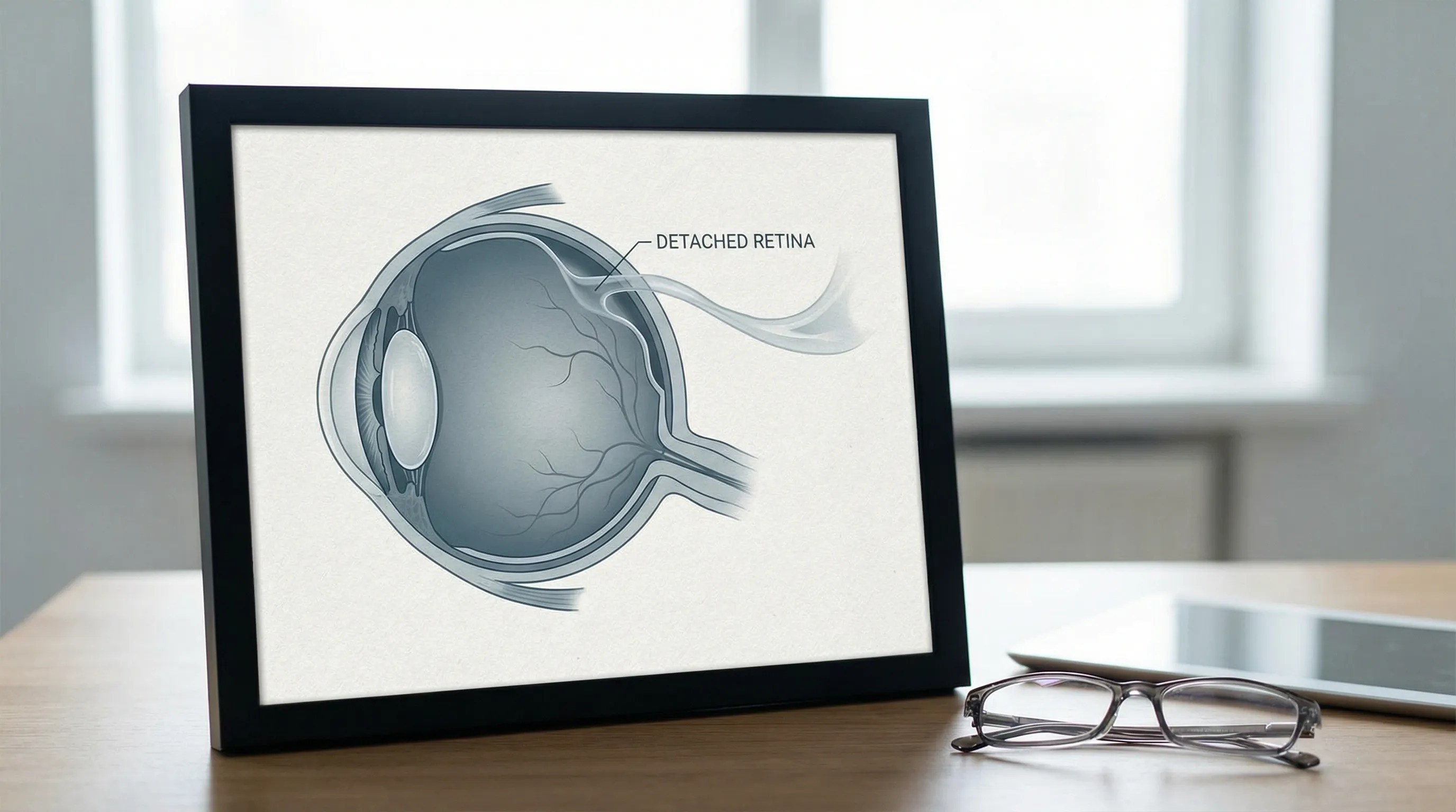 An illustration showing a detached retina inside an eyeball.