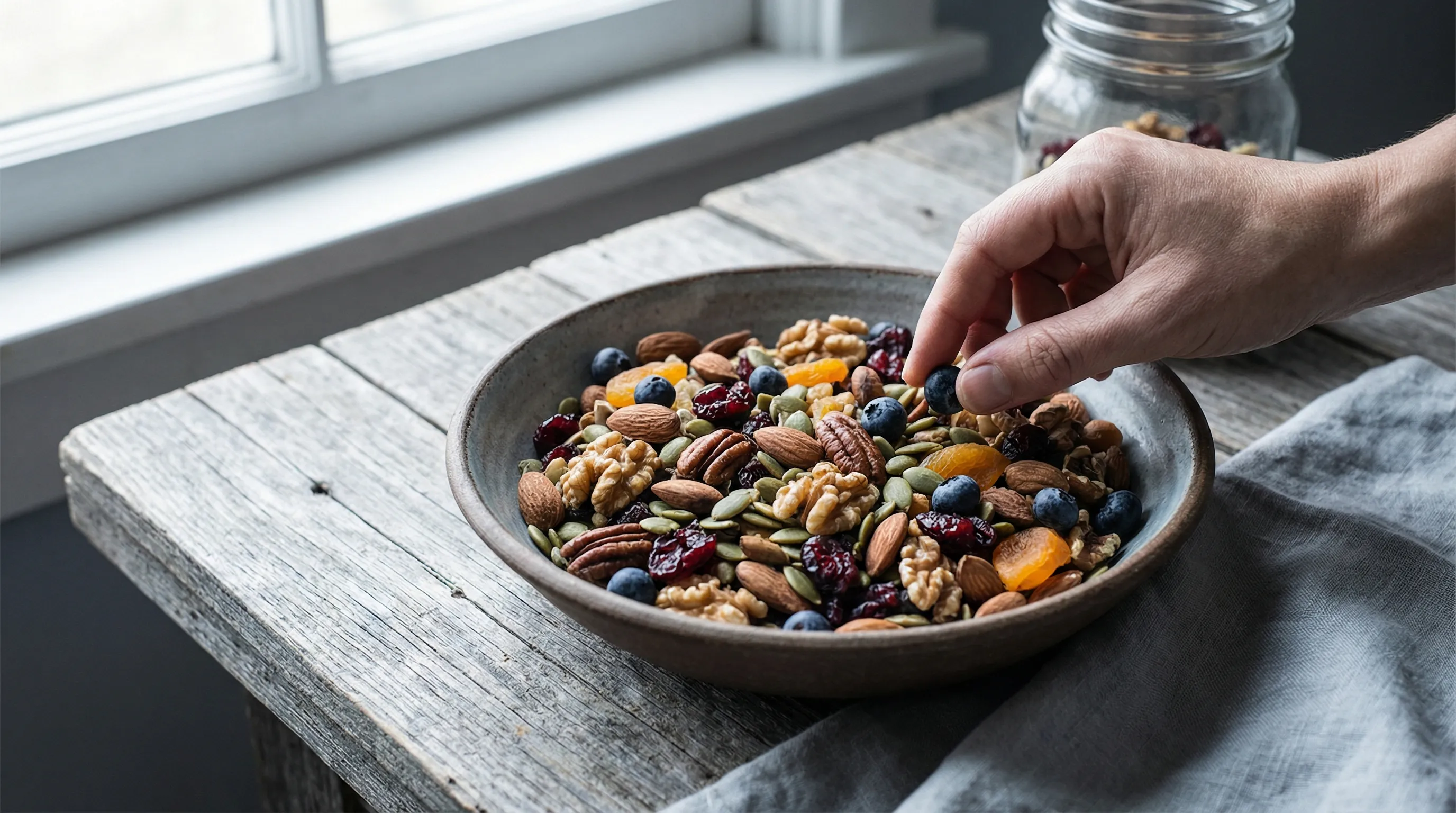 Trail mix with nuts and dried fruit - a calorie-dense snack