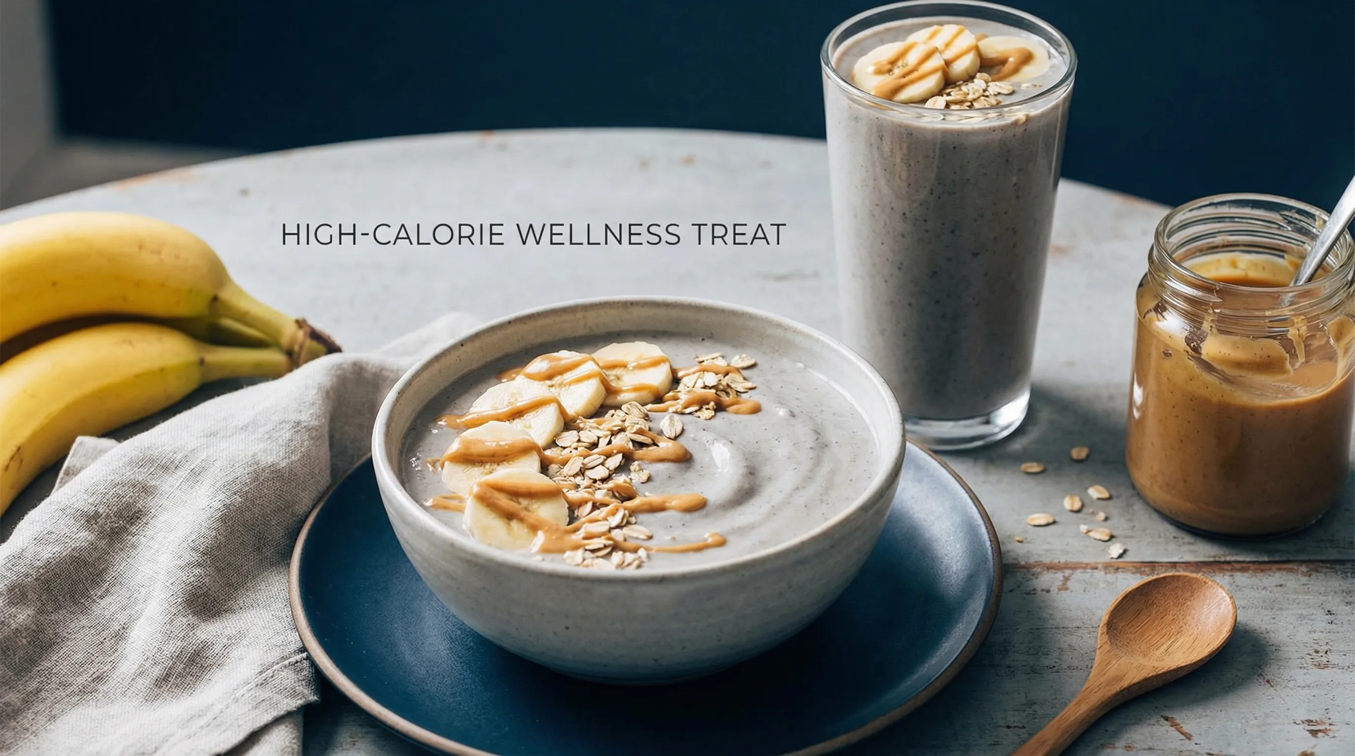 A creamy smoothie made with banana, milk, and peanut butter for a high-calorie treat