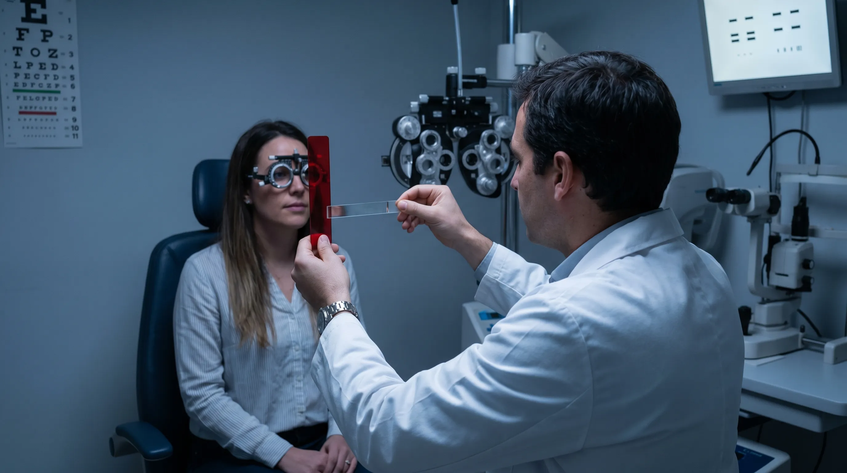 Optometrist using a Maddox rod and prism bar during a comprehensive binocular vision examination