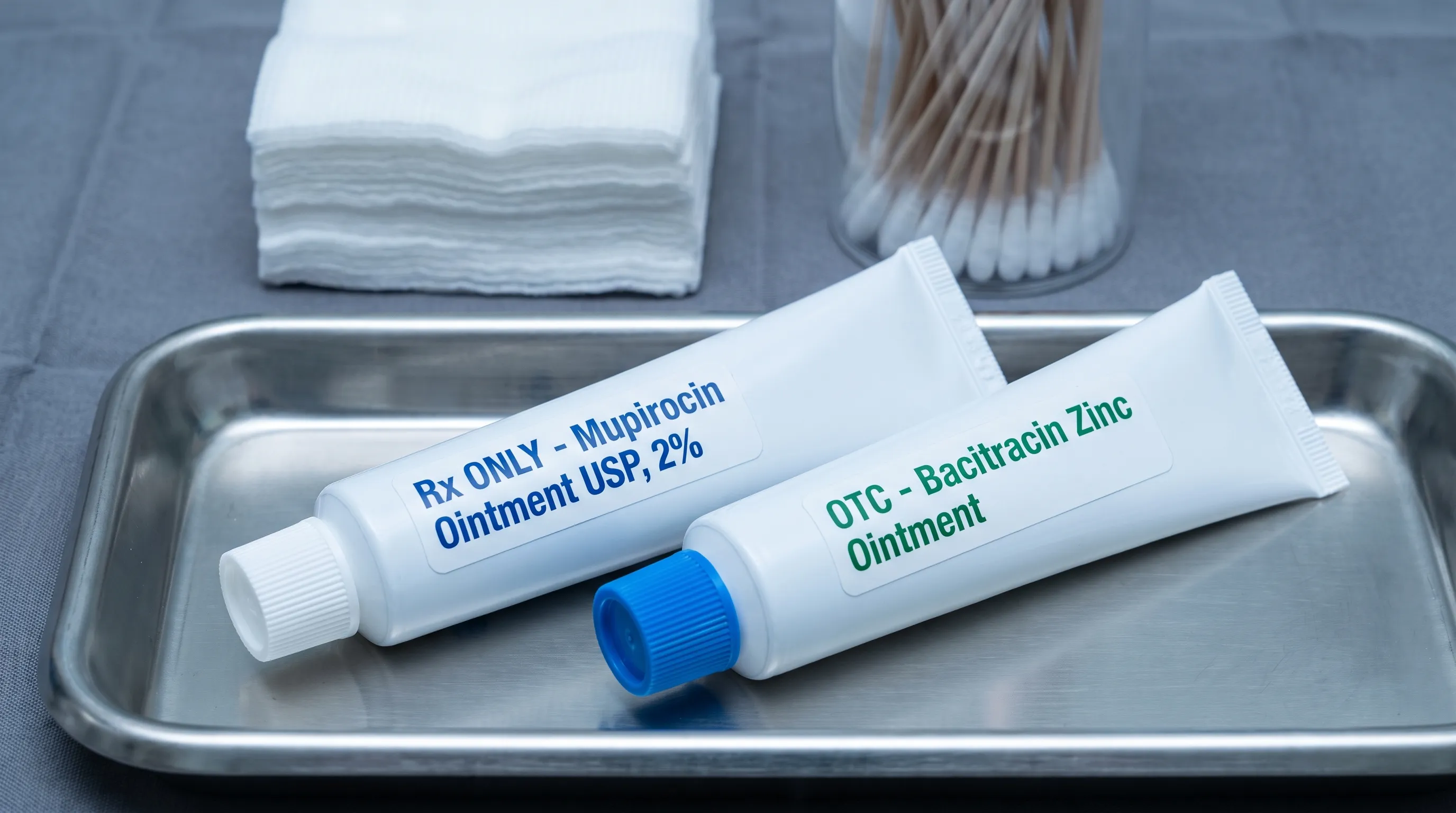 Close-up clinical photograph of two topical antibiotic tubes side by side on a clean medical tray, one labeled as prescription mupirocin and the other as over-the-counter bacitracin, with sterile gauze and cotton swabs in the background, lit with cool blue and gray tones to emphasize a professional medical environment.