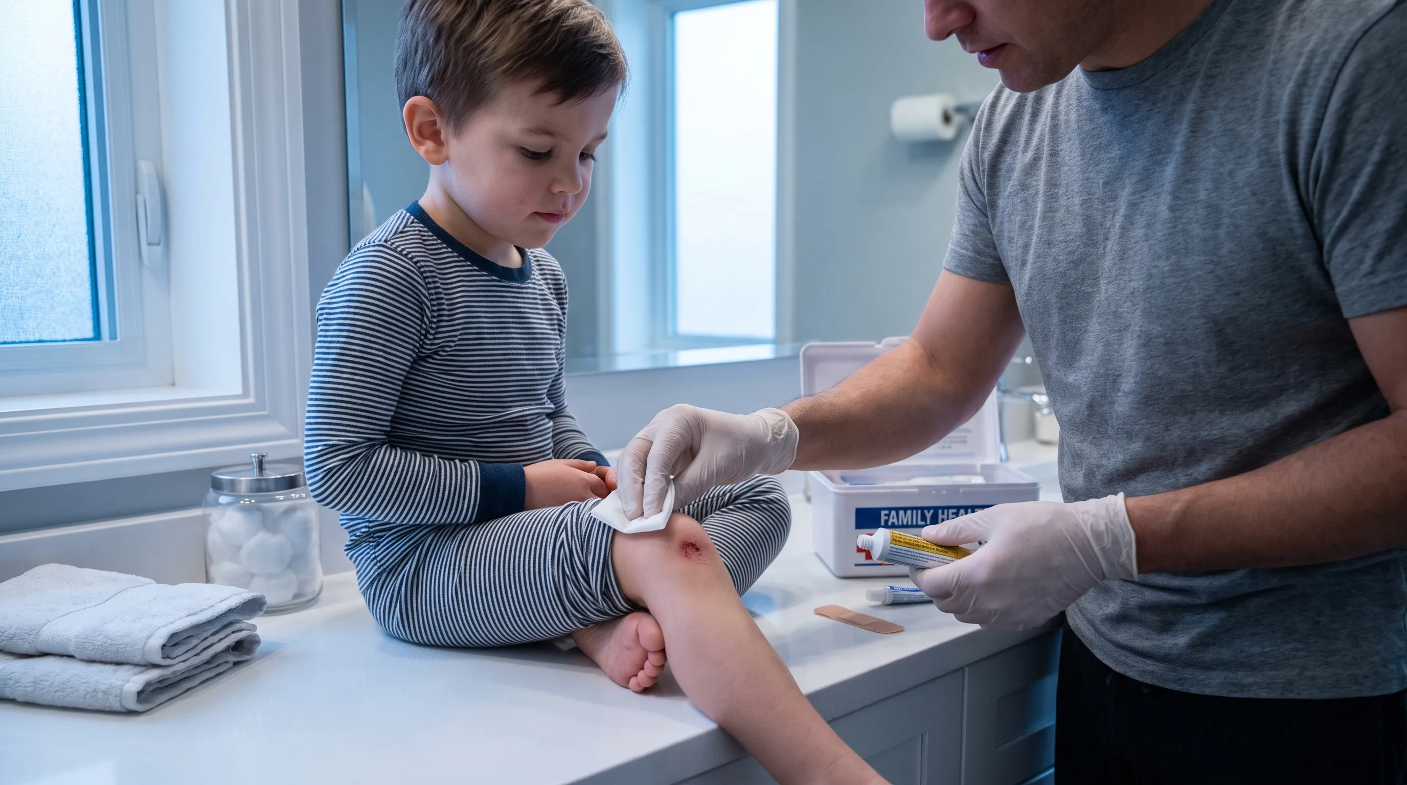 Lifestyle scene of a parent carefully cleaning a child's scraped knee at a bathroom counter, using a sterile wipe and preparing to apply a topical ointment. The lighting is soft and clinical with blue and gray undertones, highlighting hygiene, safety, and family healthcare routines.
