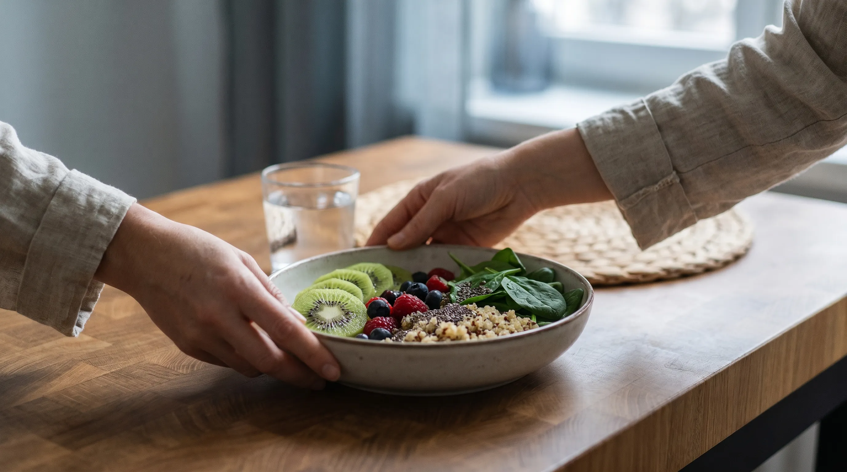 A close-up lifestyle photo of a person's hands preparing a colorful bowl of fresh fruits, leafy greens, and whole grains on a light wooden countertop, symbolizing fiber-rich nutrition for digestive health, soft gray and blue lighting, 4:3 ratio