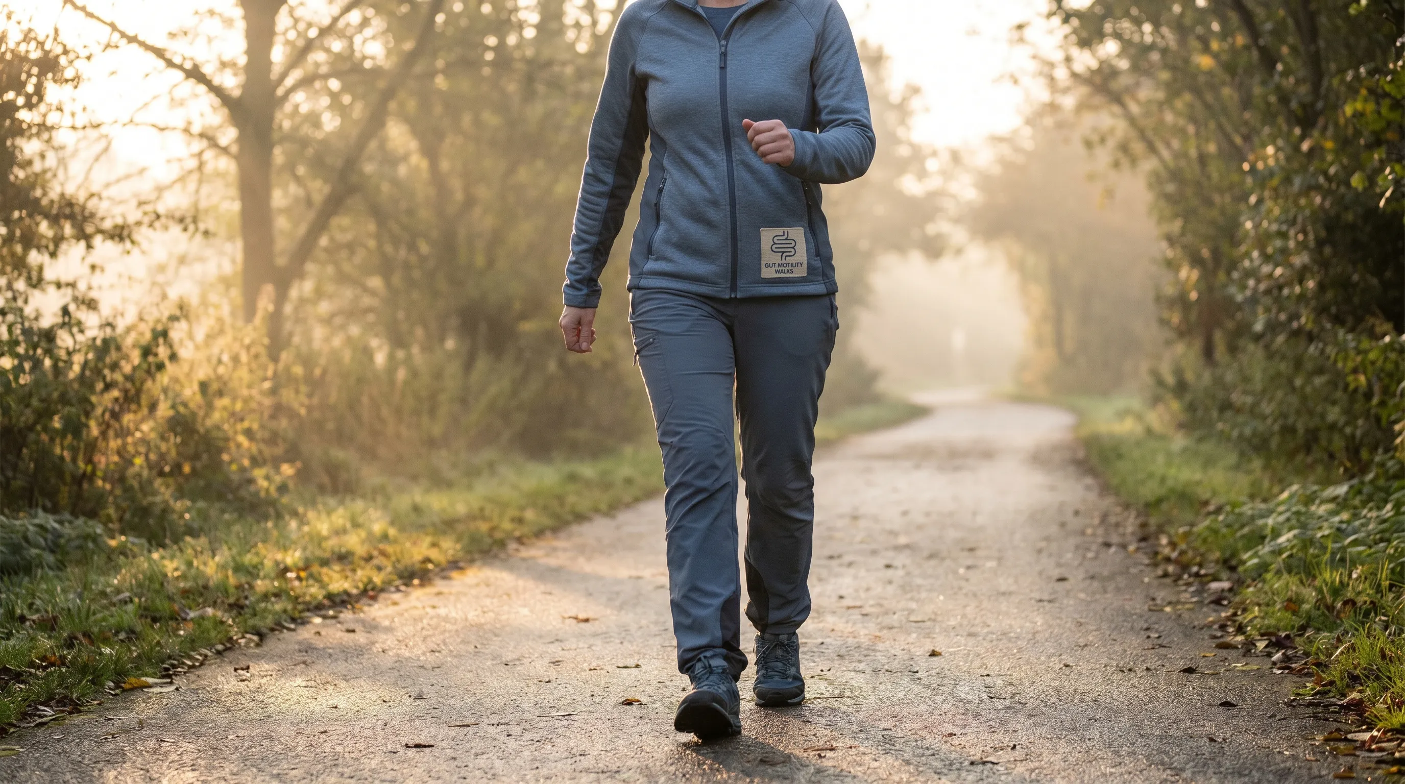 A wellness scene showing a healthy adult walking outdoors on a paved trail in early morning light, wearing comfortable activewear, emphasizing physical activity for gut motility, muted gray and blue color palette, 4:3 ratio