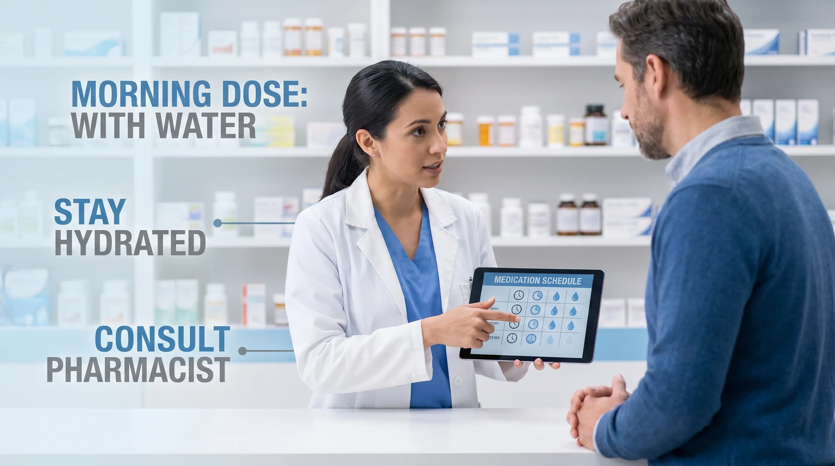 A clean, professional medical infographic style photo of a pharmacist explaining medication timing and hydration to a patient at a pharmacy counter, soft gray and blue tones, 4:3 ratio