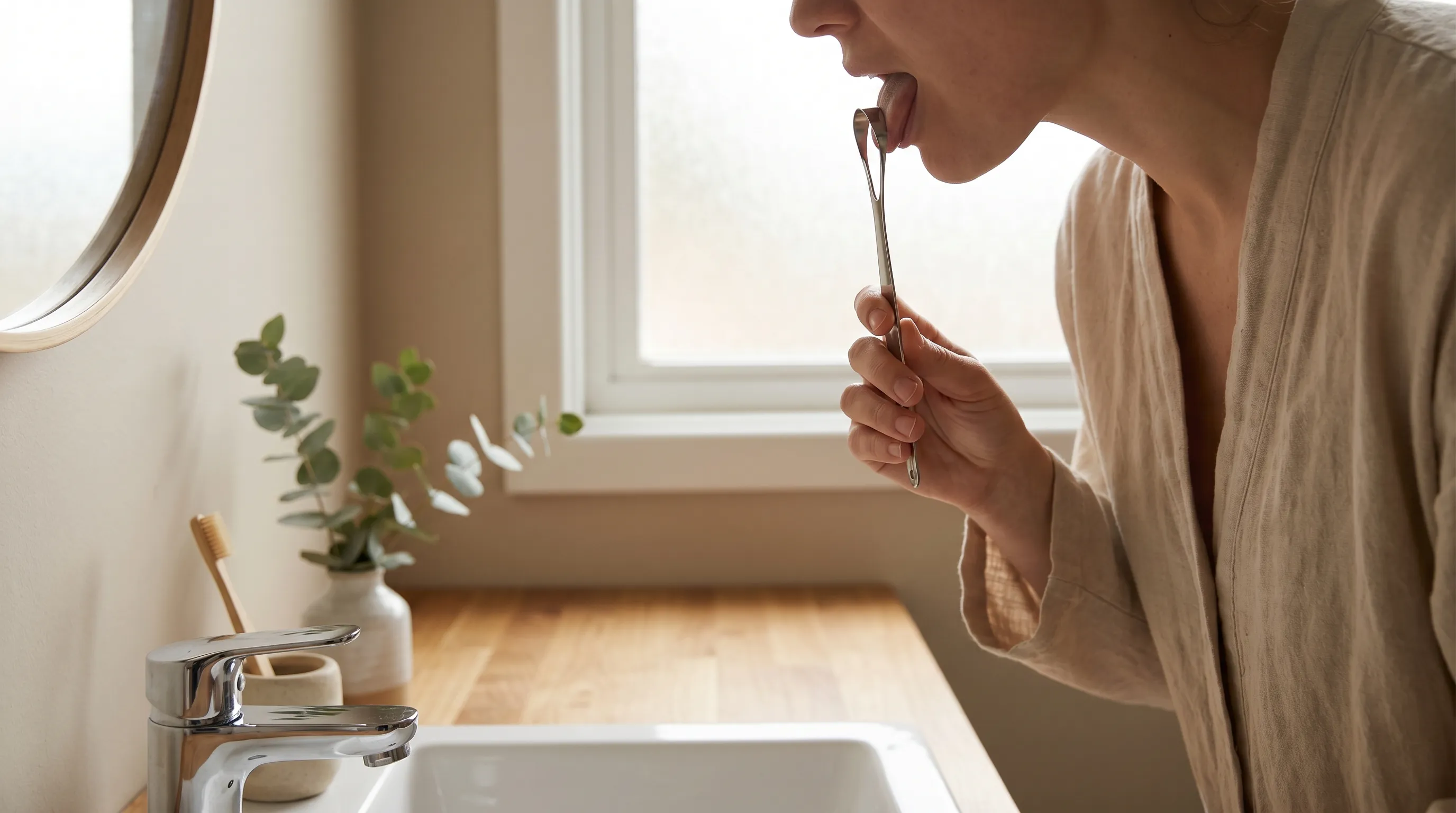 A person rinsing their mouth with a glass of saltwater while looking in a bathroom mirror