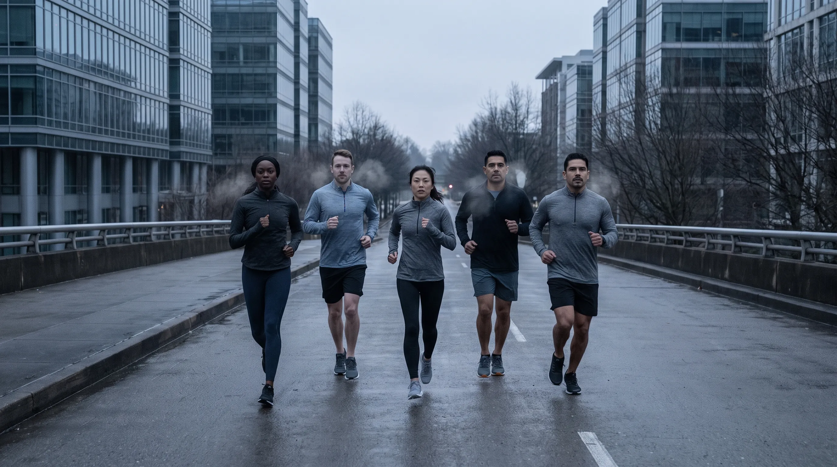 A group of diverse runners maintaining steady form on a paved urban track during early morning, clinical gray and blue color grading, photorealistic health and fitness photography