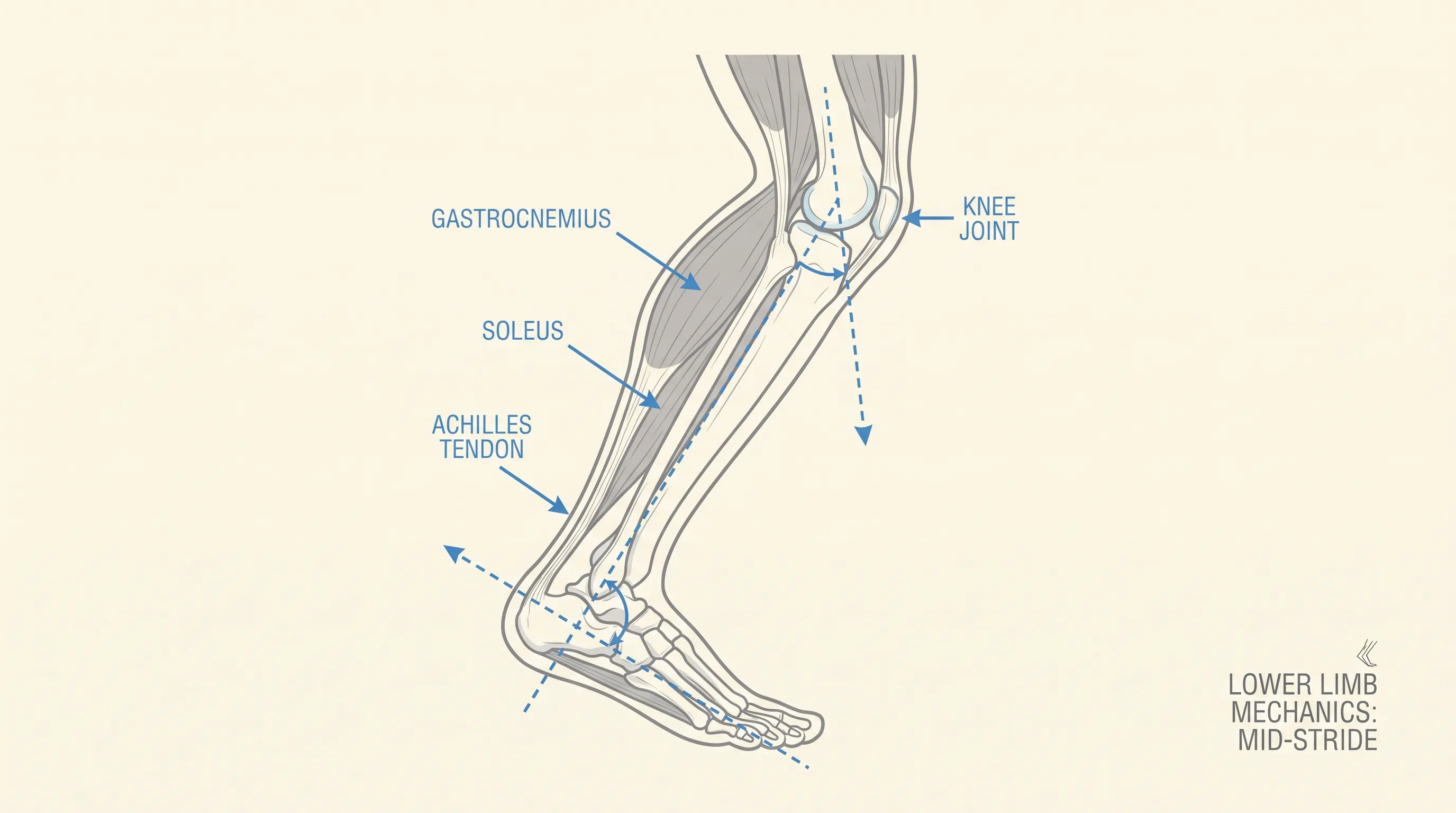 Detailed anatomical illustration of lower limb musculature and joint mechanics during mid-stride running phase, minimalist medical style with gray and blue highlights, 4:3 ratio