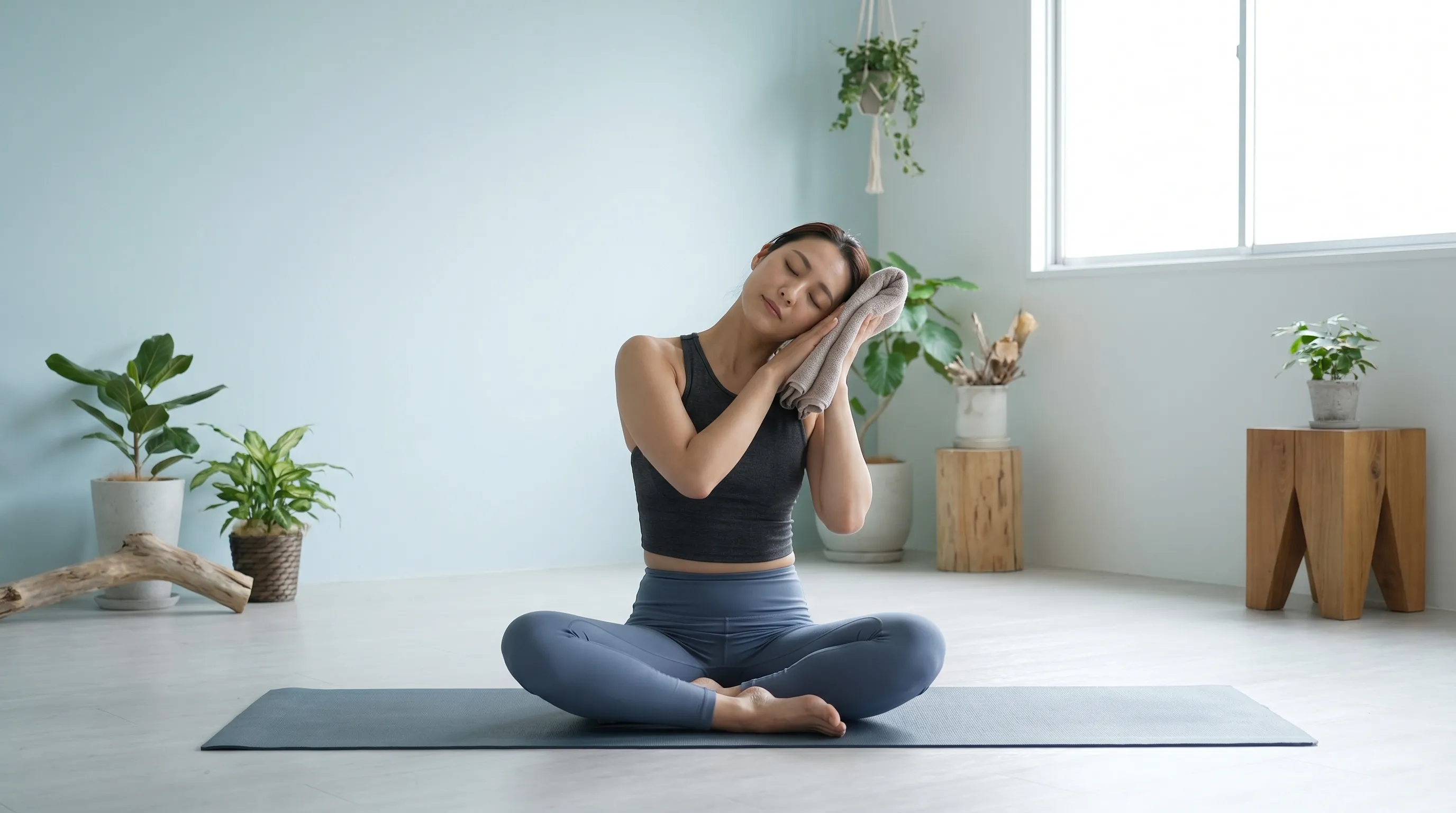 Wellness lifestyle image showing an individual performing targeted neck strengthening exercises in a calm, minimalist fitness space, focusing on proper posture, muted gray and blue tones, 4:3 aspect ratio