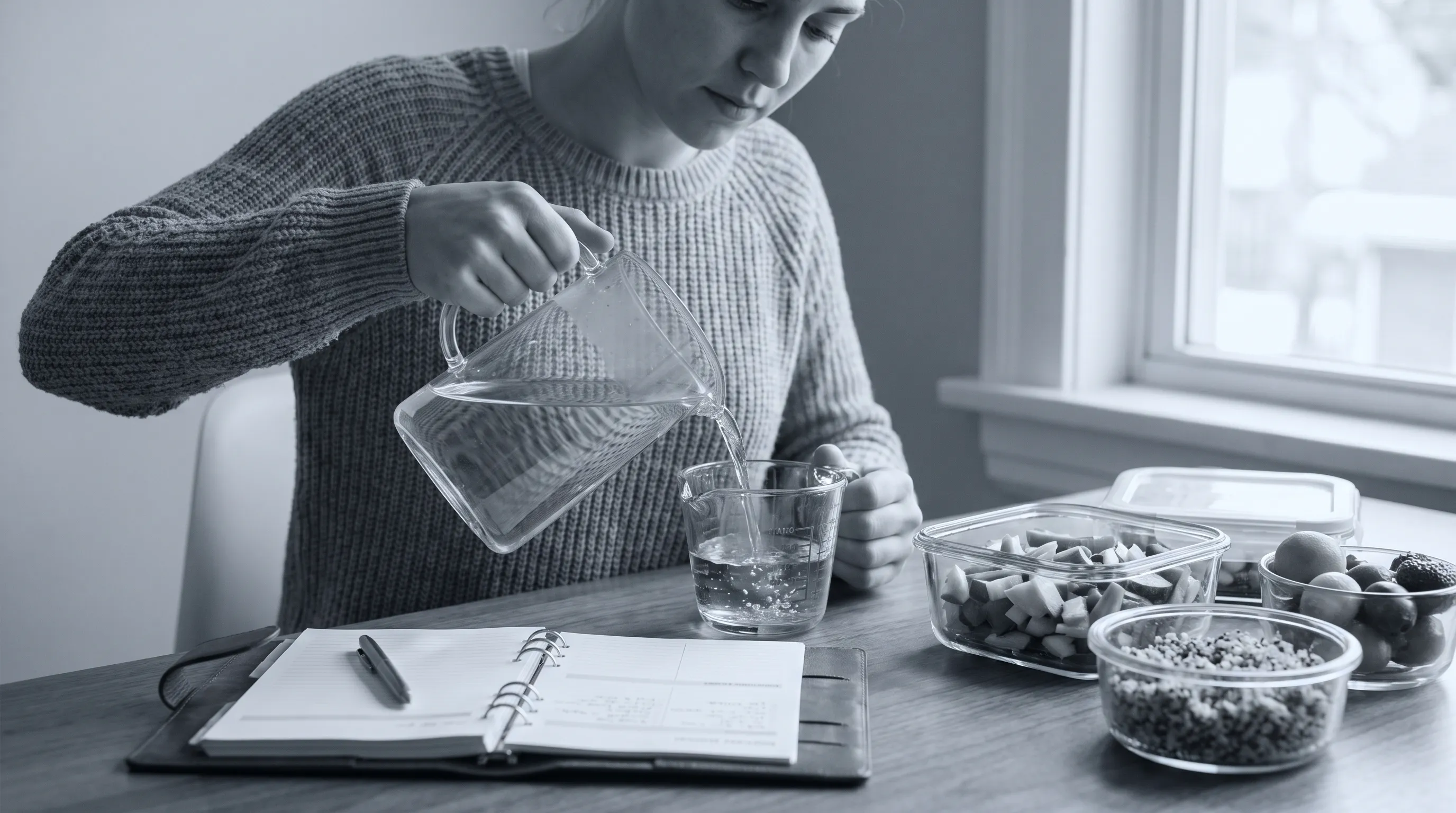 A person carefully tracking daily water intake with a marked glass bottle, surrounded by electrolyte-rich whole foods and a simple hydration journal on a clean wooden desk.