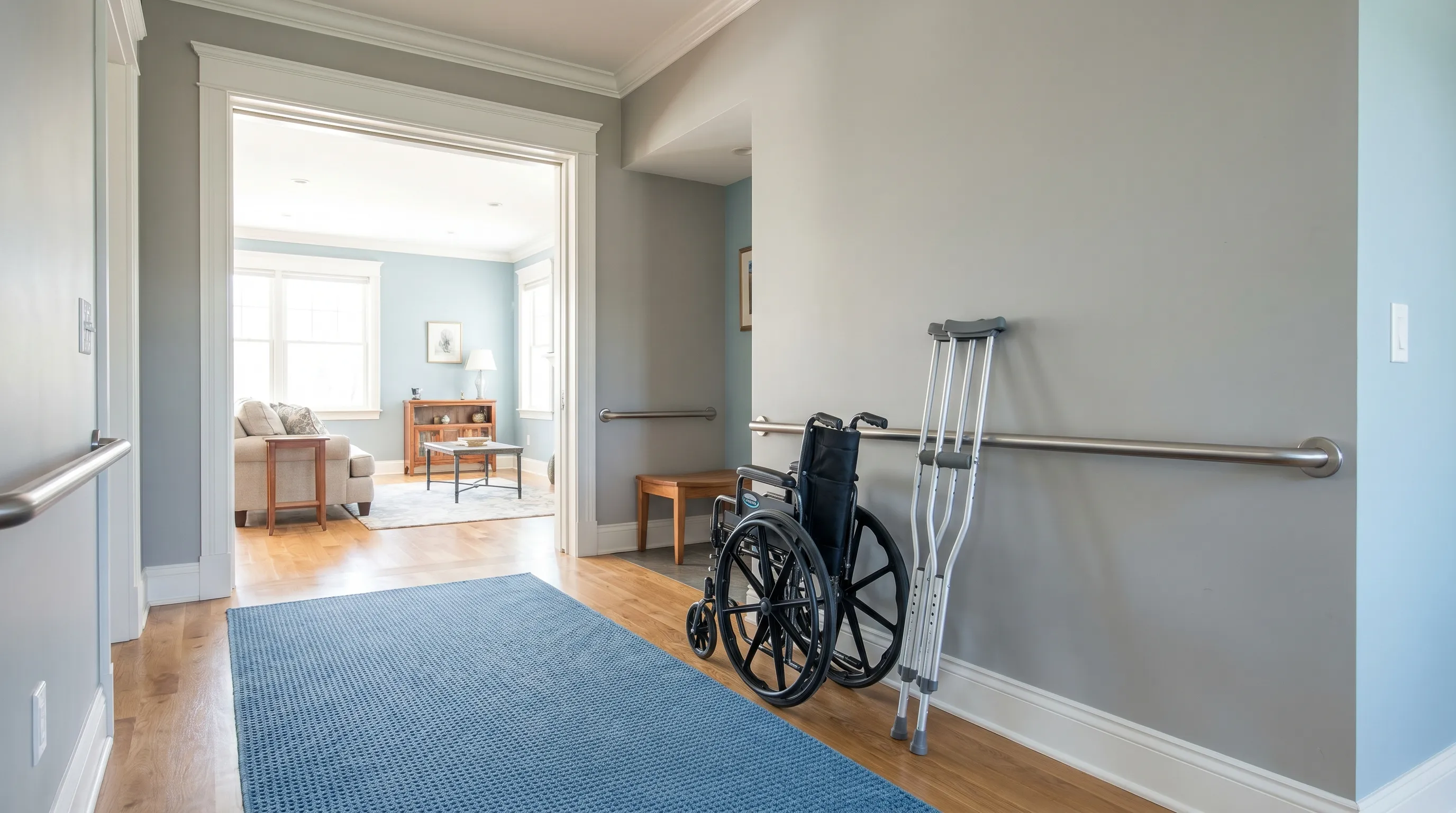 A clean, well-lit home hallway modified for wheelchair and crutch access, showing wide doorways, non-slip mats, and grab bars installed on walls, gray and blue color tones, lifestyle photography style