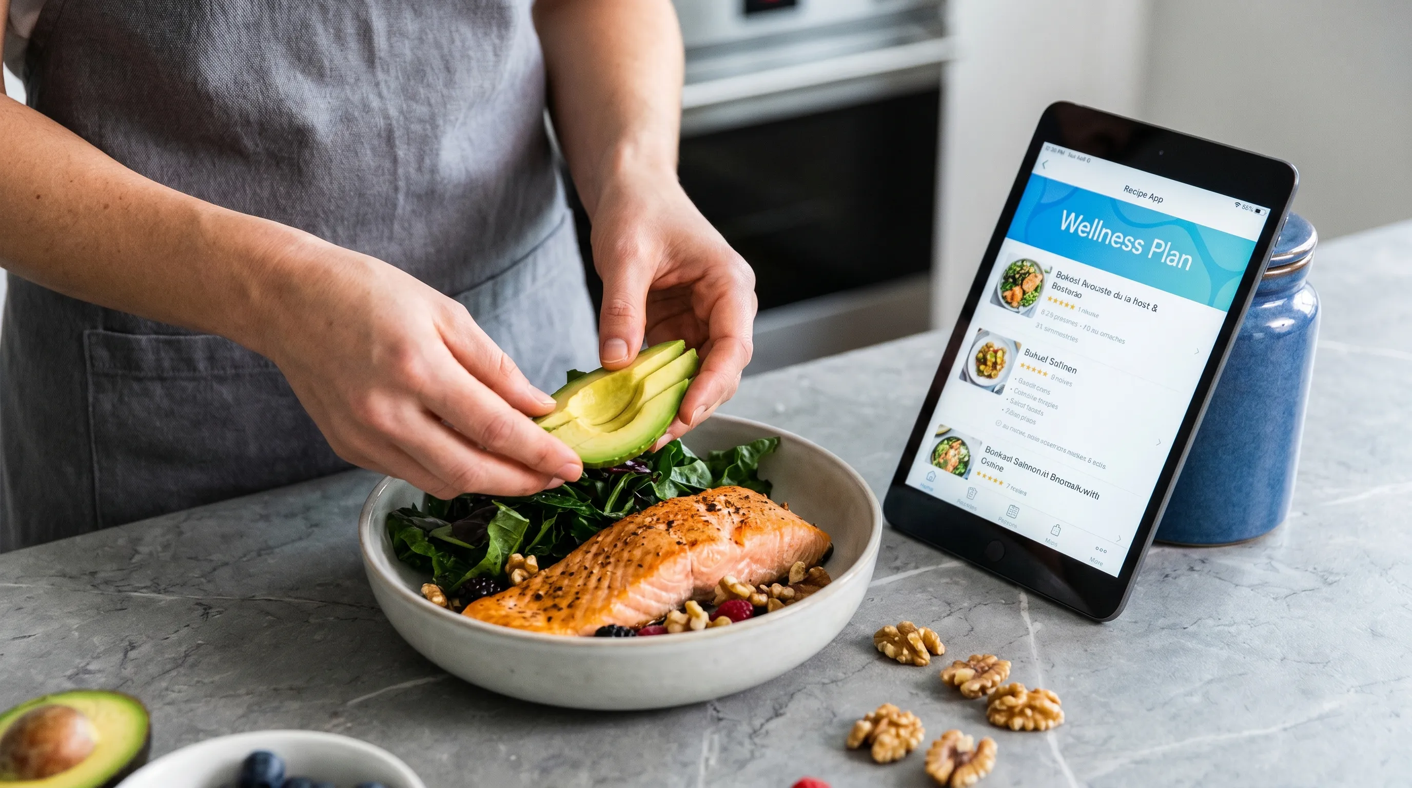 A close-up professional shot of a person's hands preparing a nutrient-dense, anti-inflammatory meal on a kitchen counter with visible ingredients like salmon, leafy greens, and nuts, calm blue and gray aesthetic, medical wellness context
