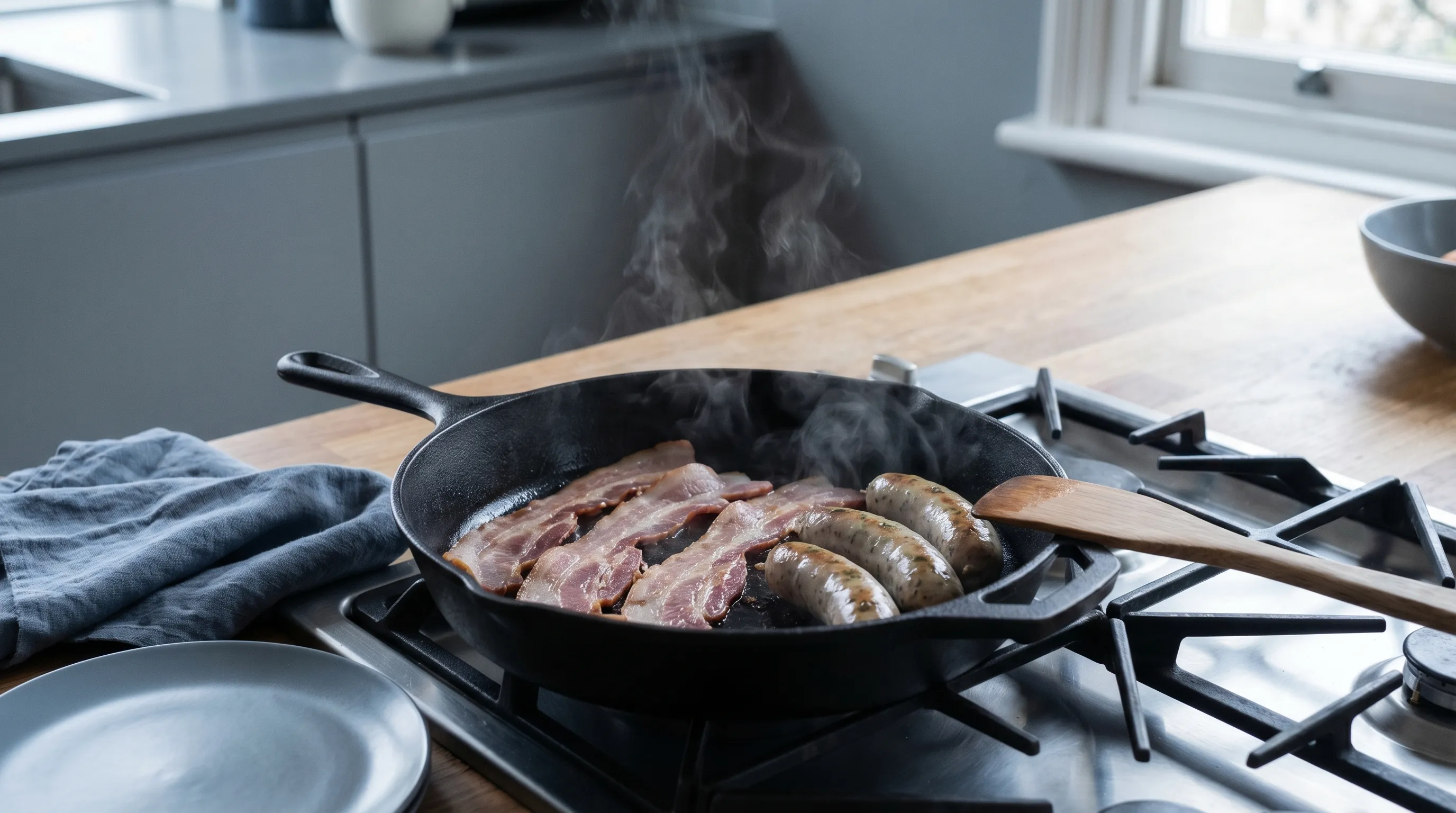 Processed meats like sausages and bacon cooking in a pan.