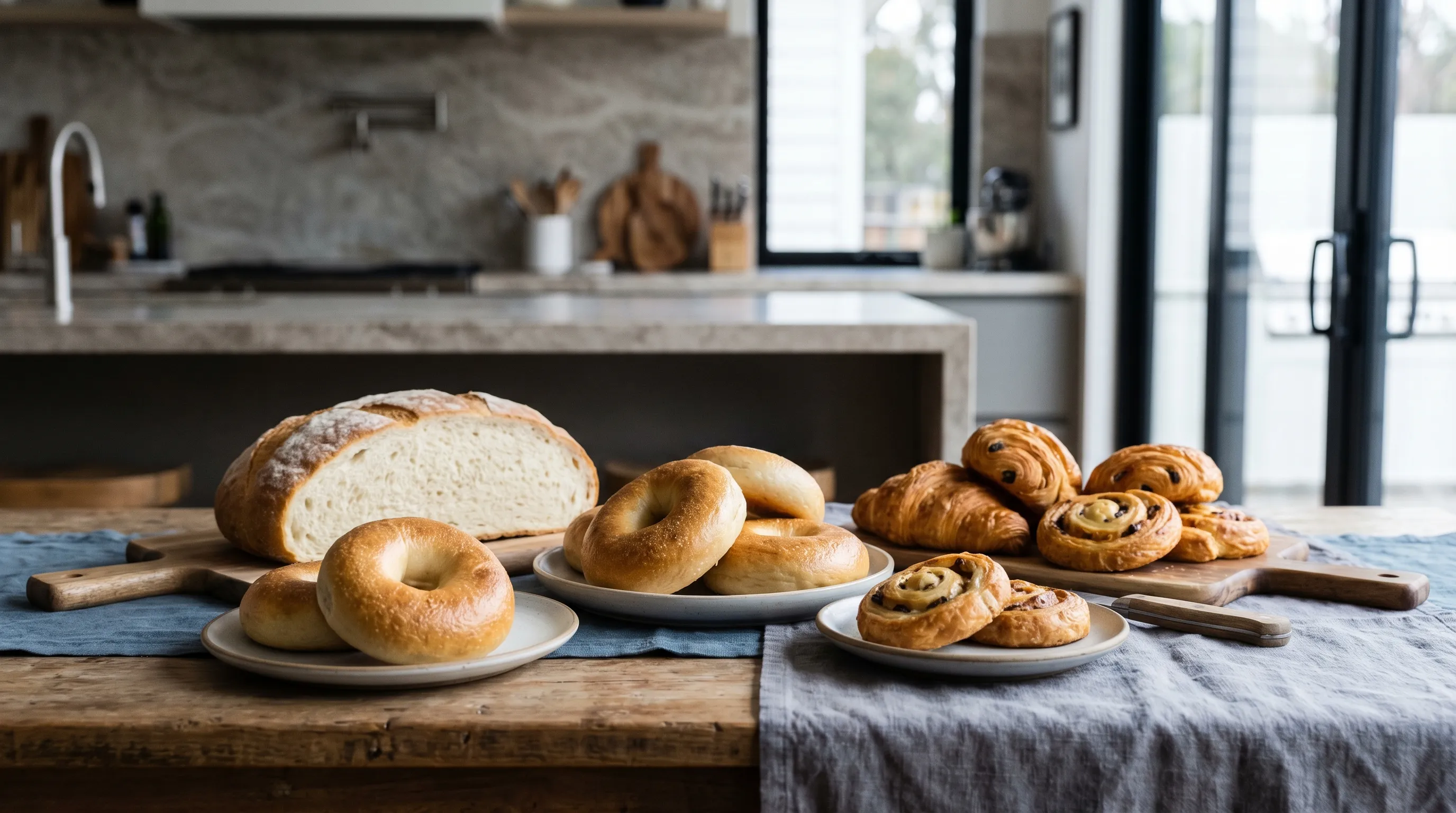 A variety of refined carbohydrate foods, including white bread, bagels, and pastries.