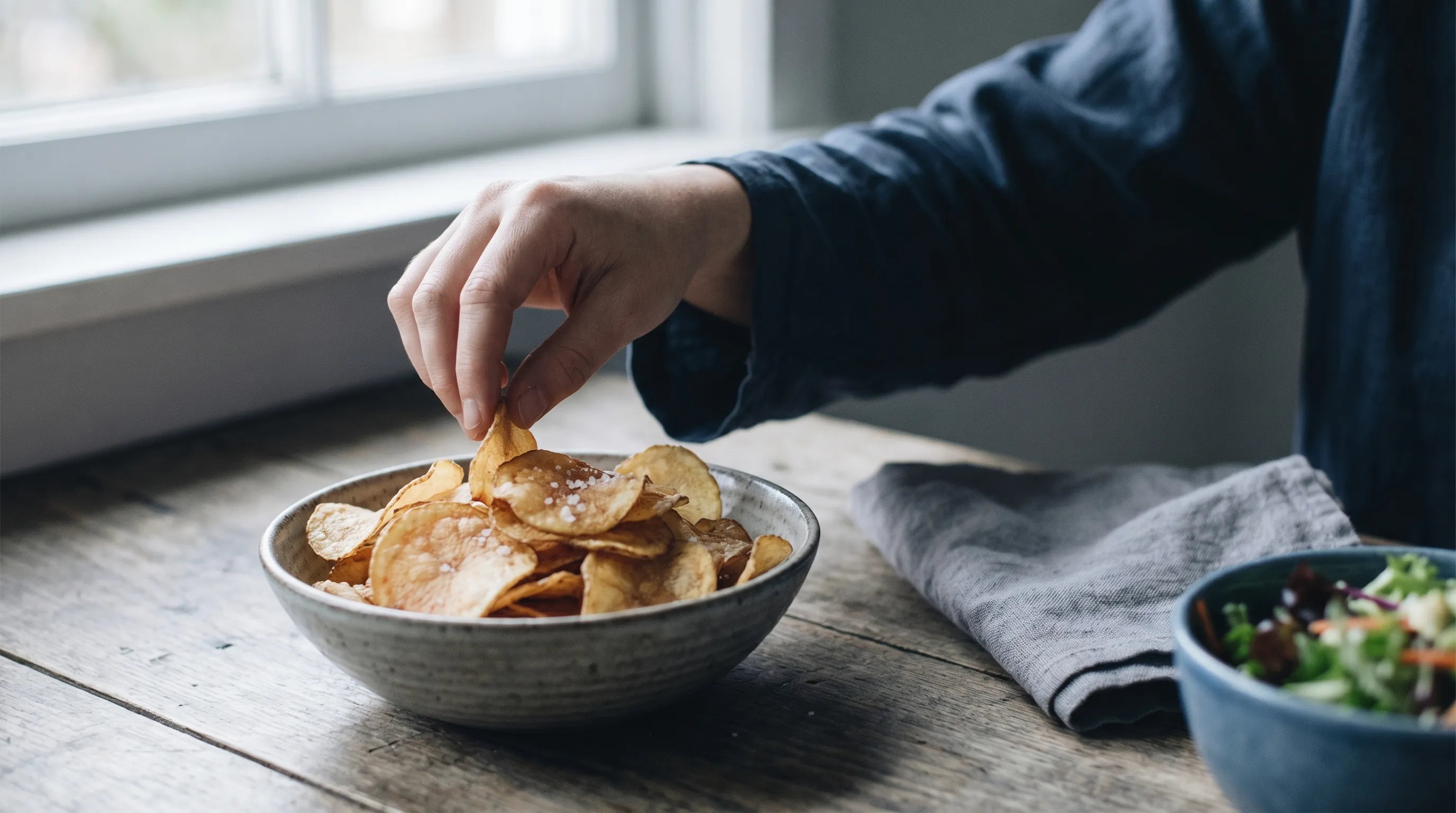 A hand reaching into a bowl of salty potato chips.