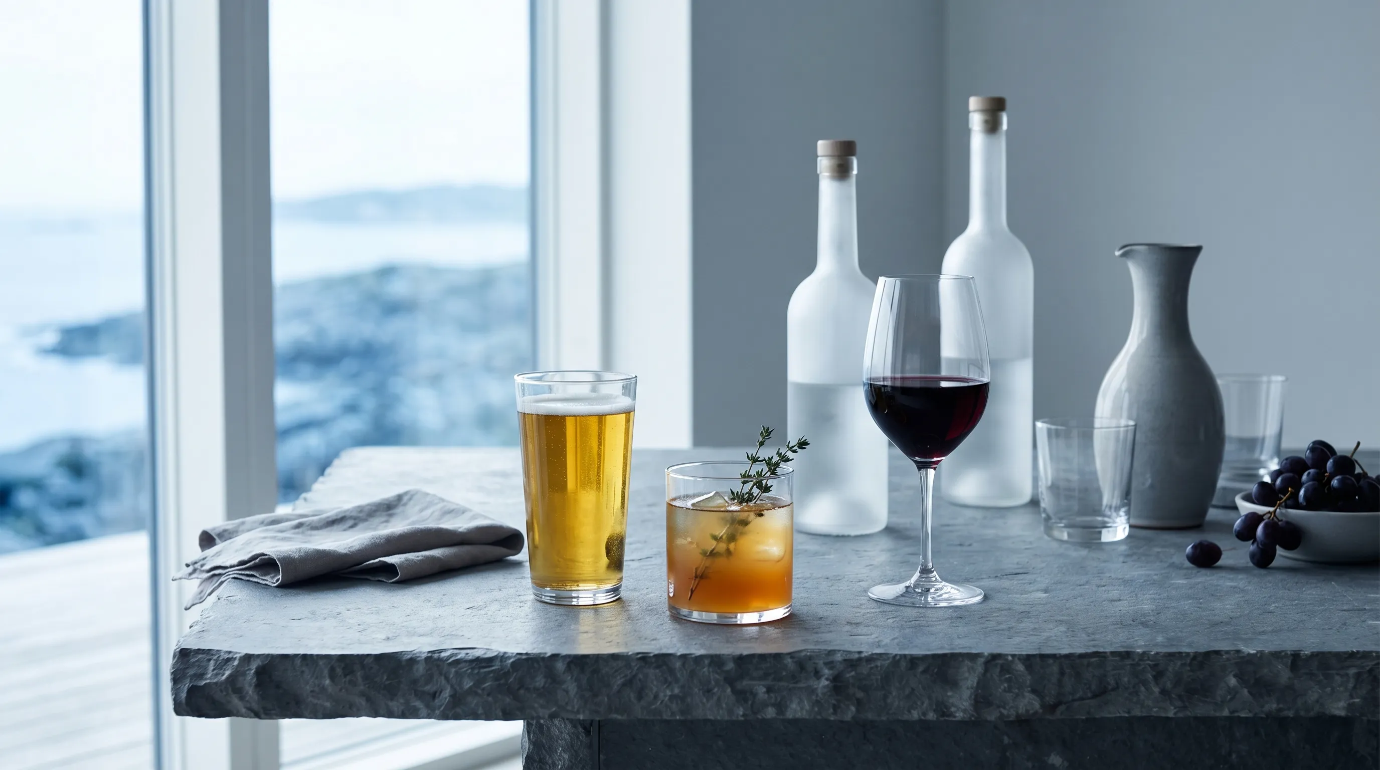 An assortment of alcoholic drinks, including beer, cocktails, and wine.