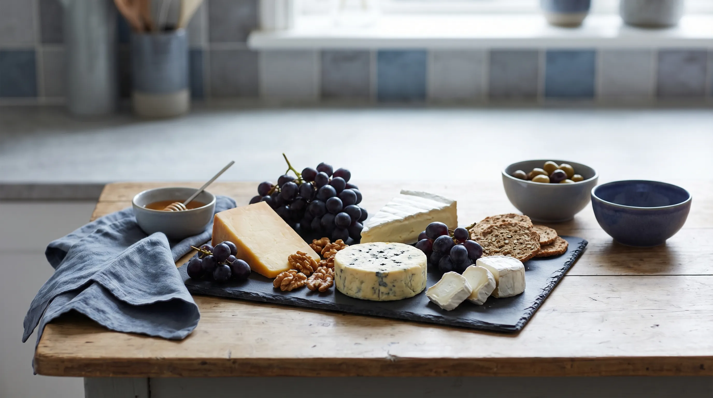 A cheese board with various full-fat cheeses.