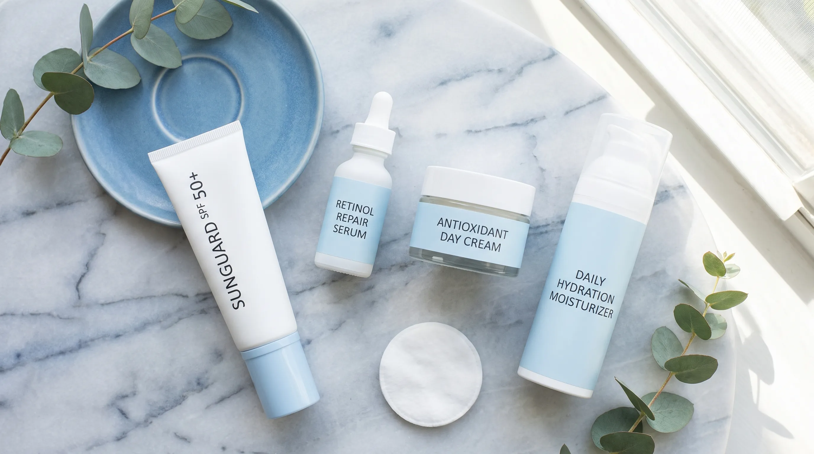 Clean aesthetic flatlay of daily skincare products including sunscreen, retinol serum, antioxidant cream, and moisturizer on a light gray marble surface with soft blue accents