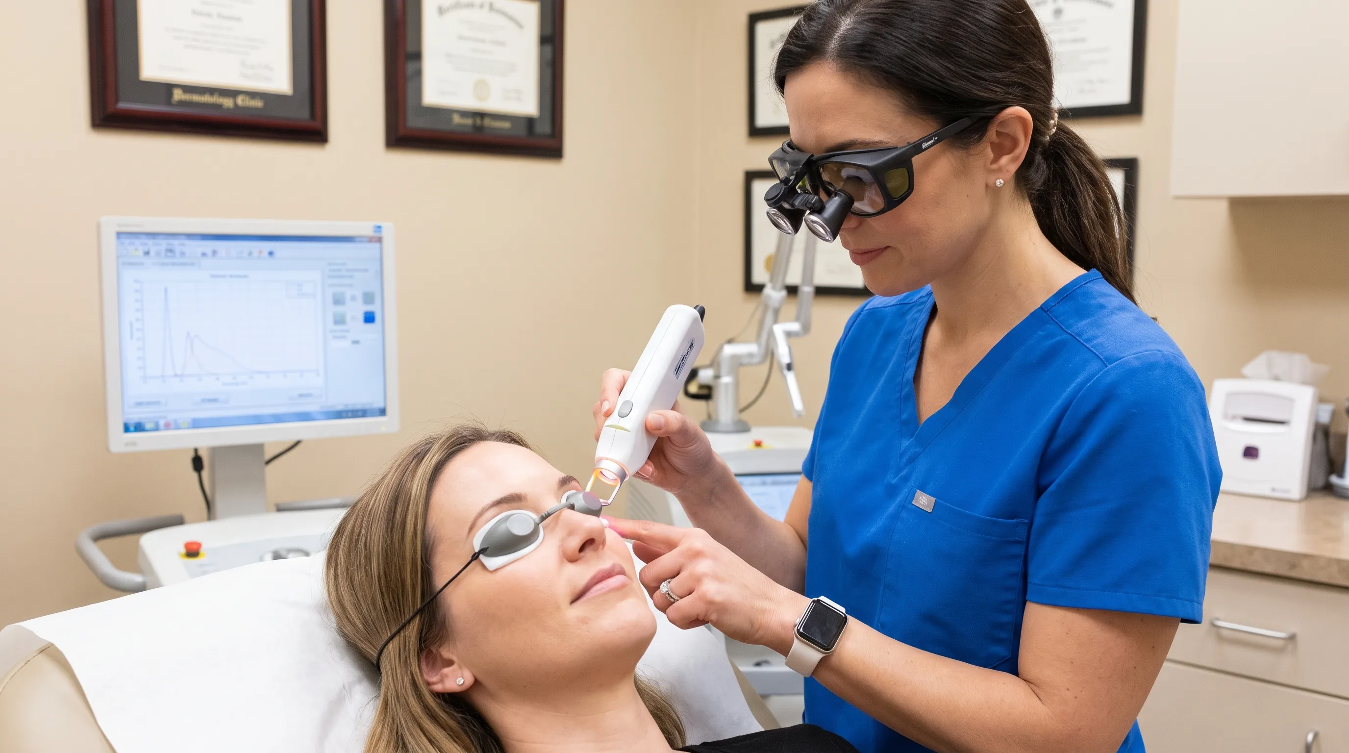 Board-certified dermatologist in a clinical setting using a handheld medical-grade laser device on a patient's periorbital area, professional medical environment