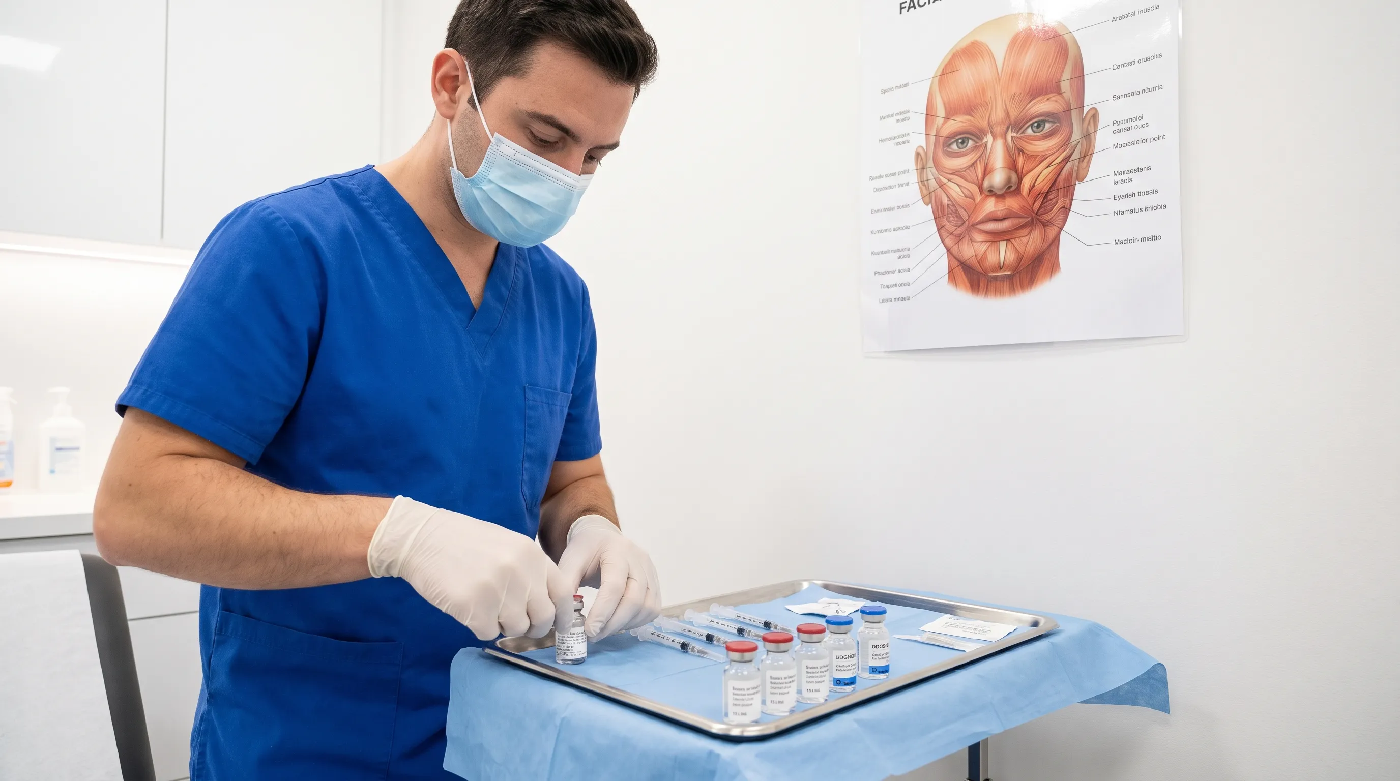 A medical professional preparing a sterile treatment area for botulinum toxin injections