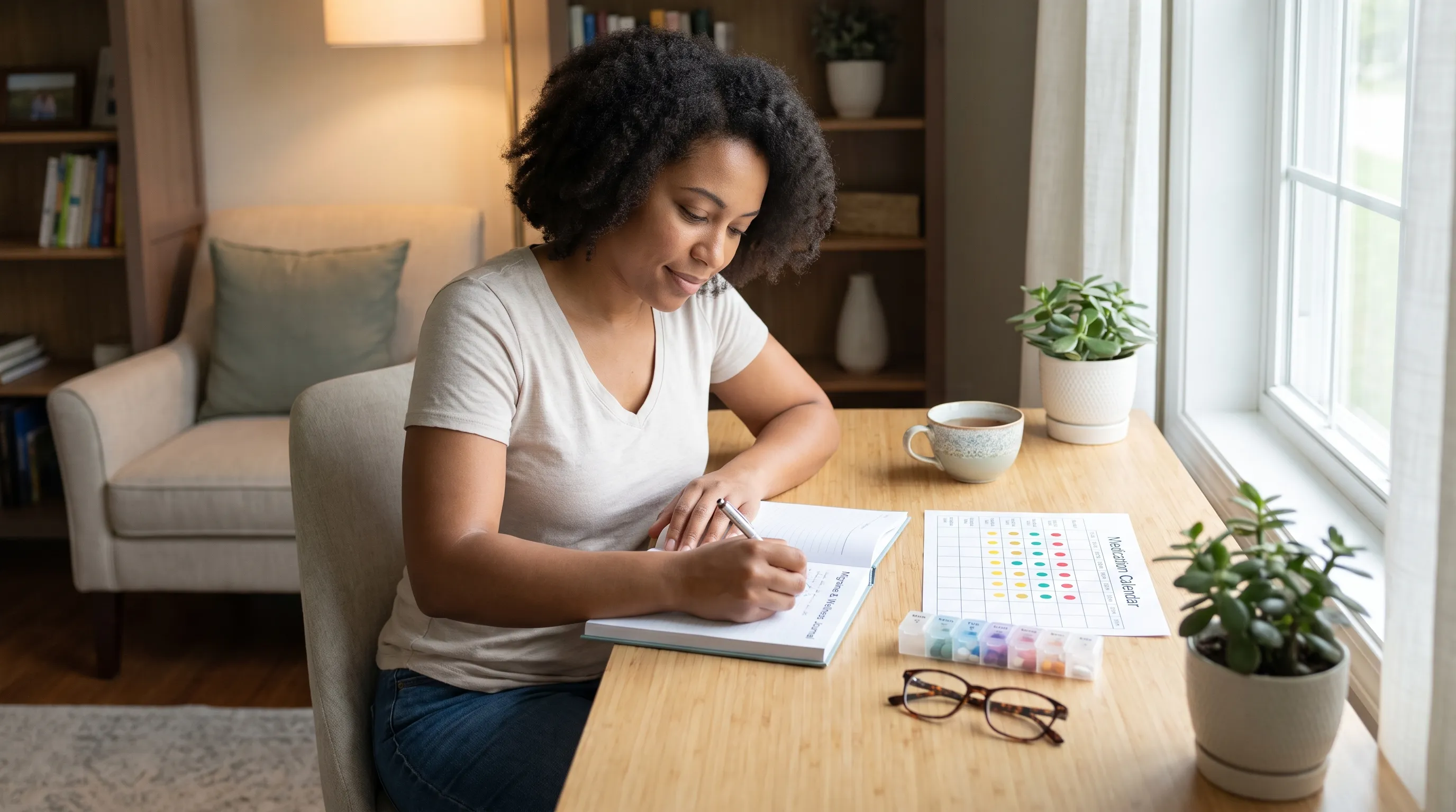 A patient tracking migraine symptoms in a wellness journal at home