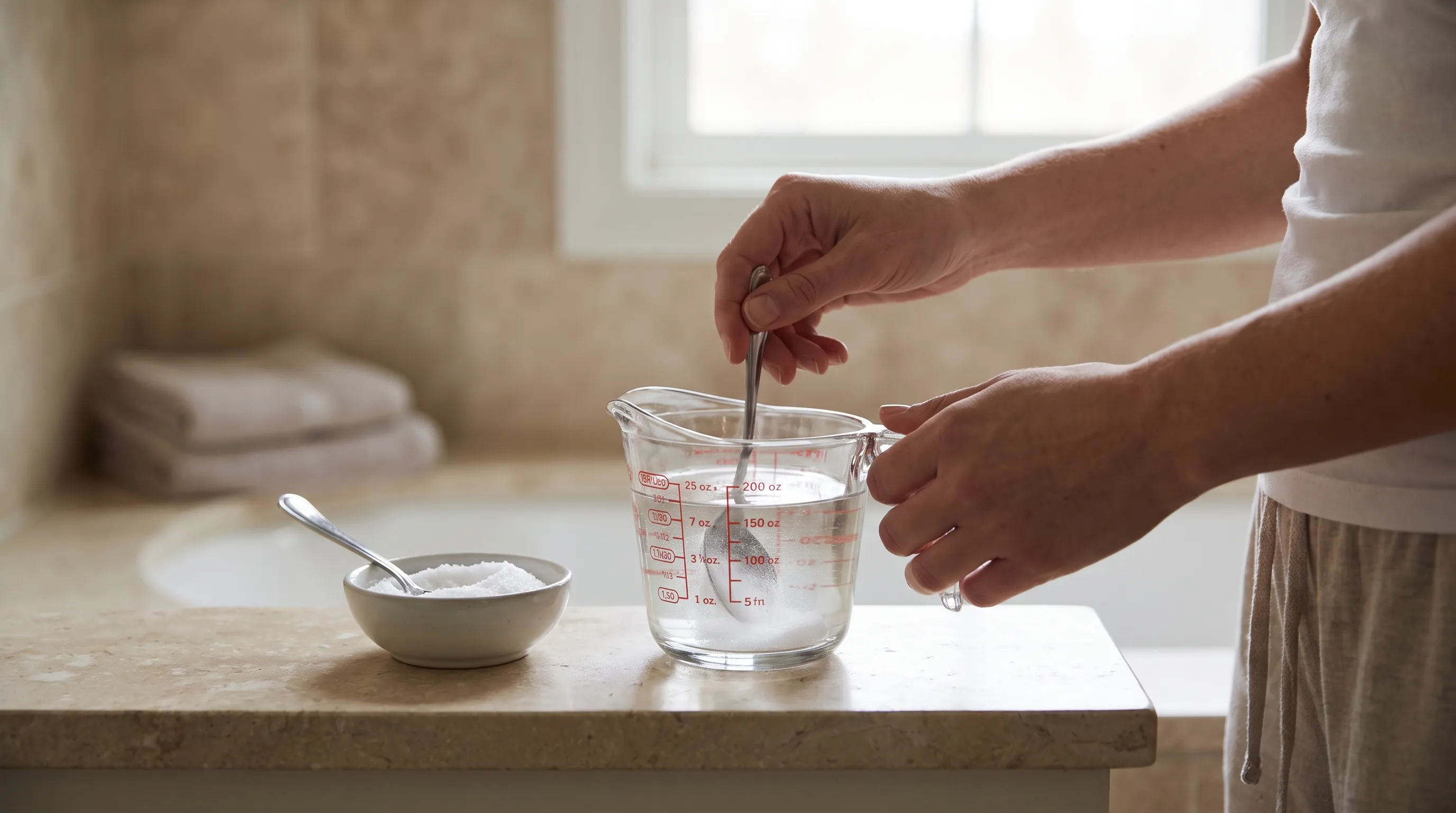 Person preparing a warm saline mouth rinse with a clean glass and measuring spoon in a well-lit bathroom setting