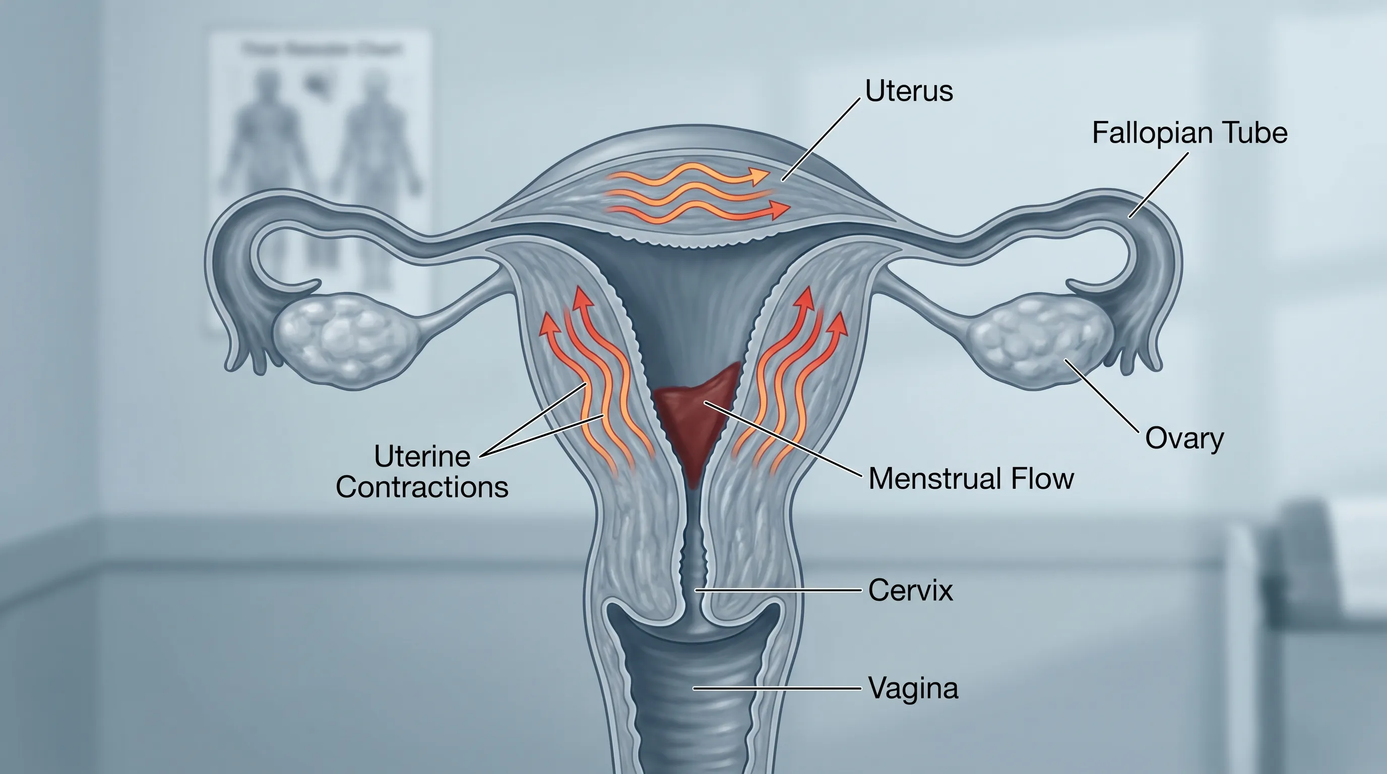 Close-up medical illustration of the female reproductive system highlighting uterine muscle contractions during menstruation