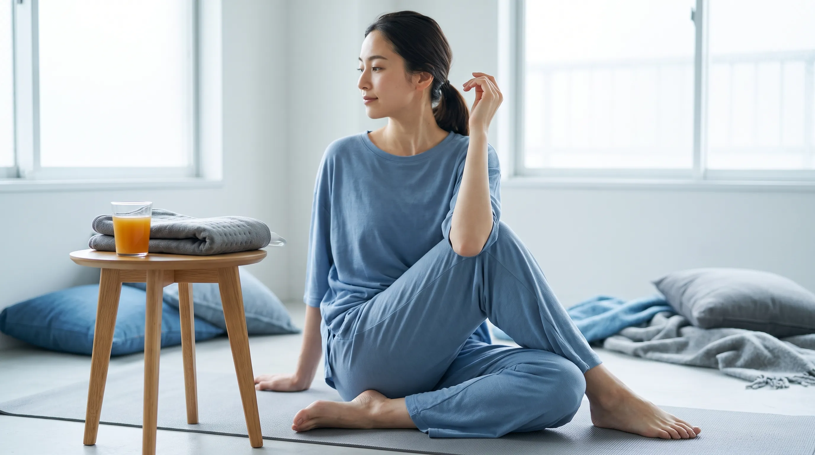 Woman practicing gentle yoga stretches on a mat with a glass of low-sugar cranberry juice and a heating pad nearby
