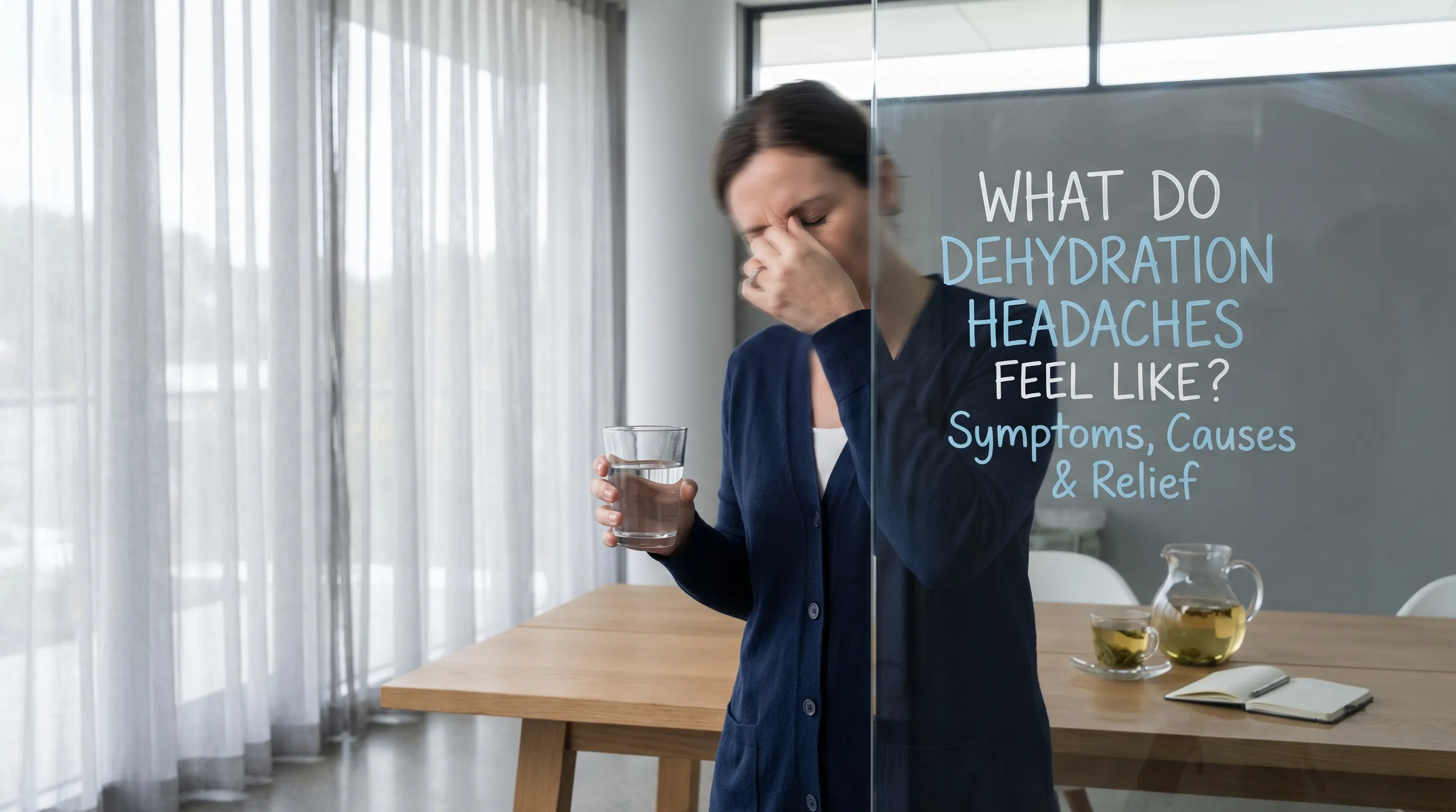A person holding their head with a pained expression while reaching for a glass of water