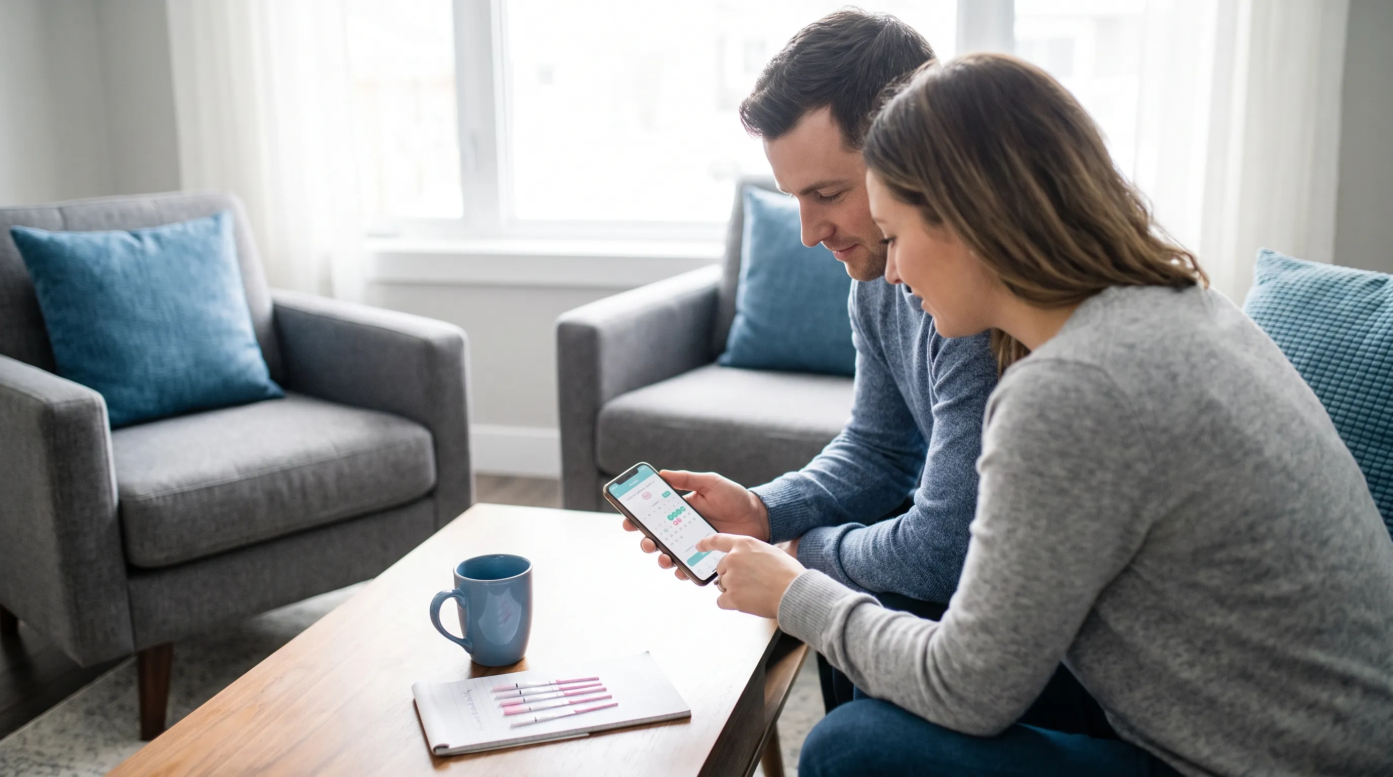 A lifestyle photo of a couple reviewing ovulation test strips and a fertility tracking app on a smartphone, modern home setting, soft natural lighting, gray and blue aesthetic