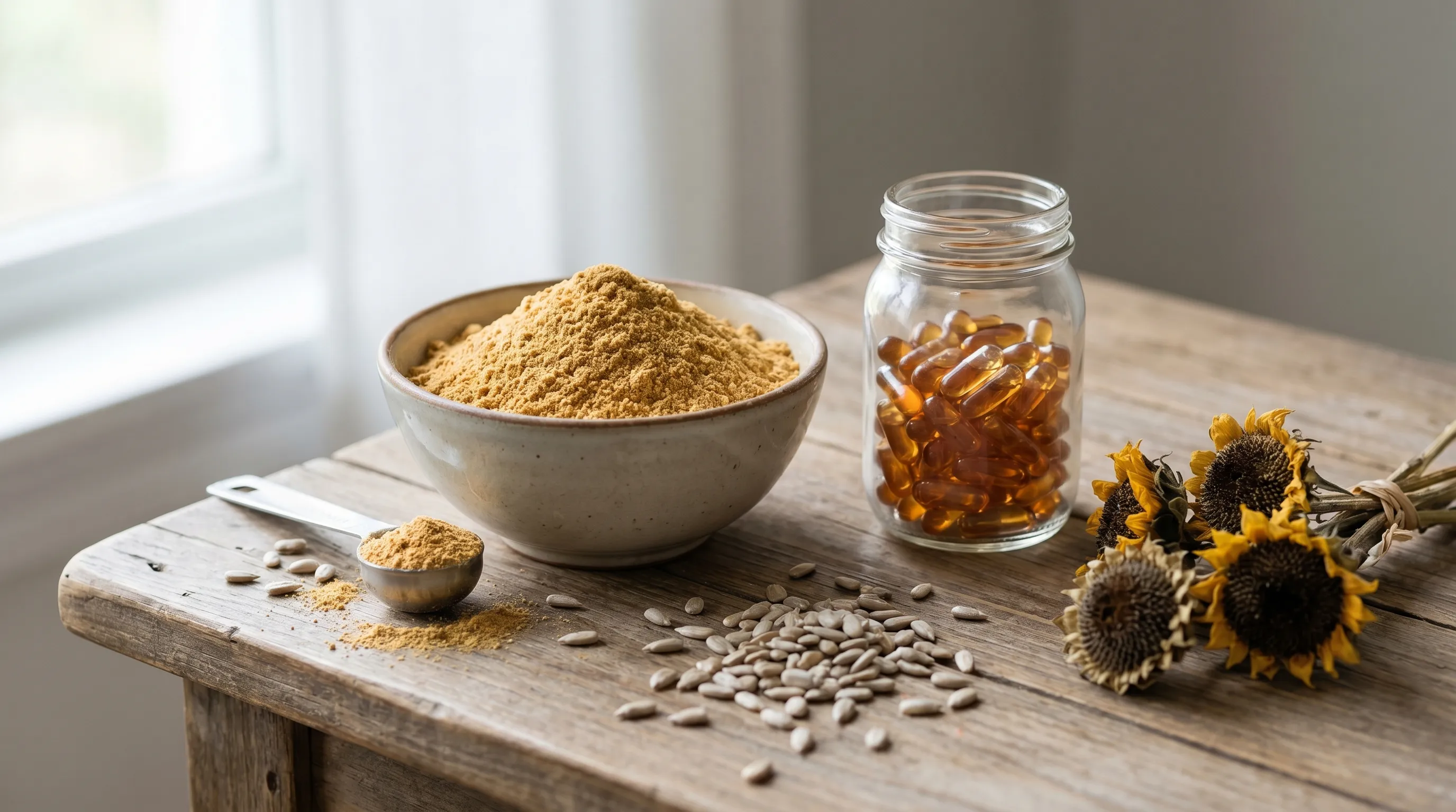 Close-up professional photo of golden sunflower lecithin powder and capsules arranged on a wooden surface with fresh sunflower seeds and a measuring scoop, soft diffused lighting, medical editorial style