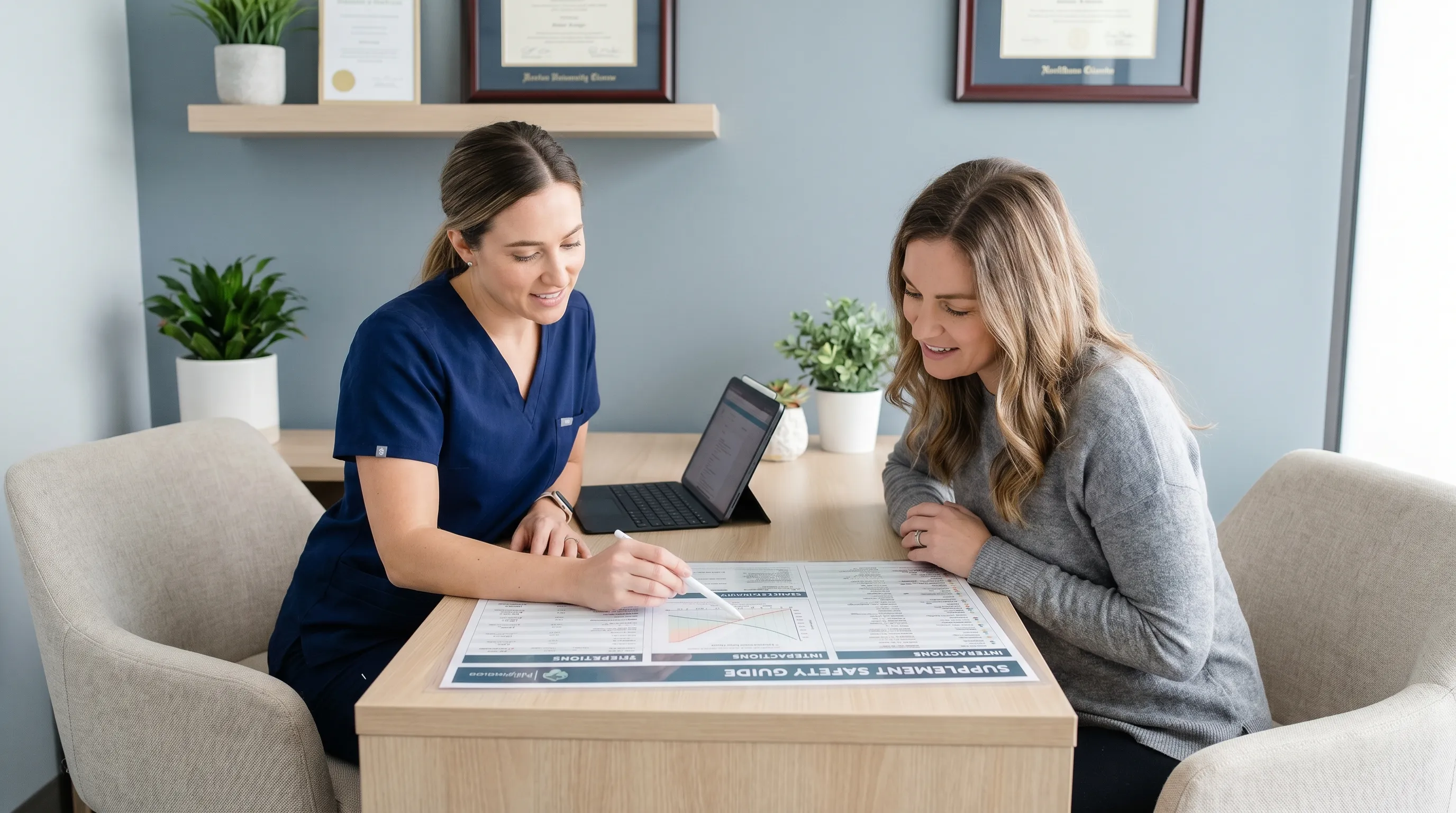 Lifestyle wellness photo of a healthcare professional reviewing supplement safety charts with a patient in a modern clinic setting, calm blue-gray tones, professional and evidence-based atmosphere