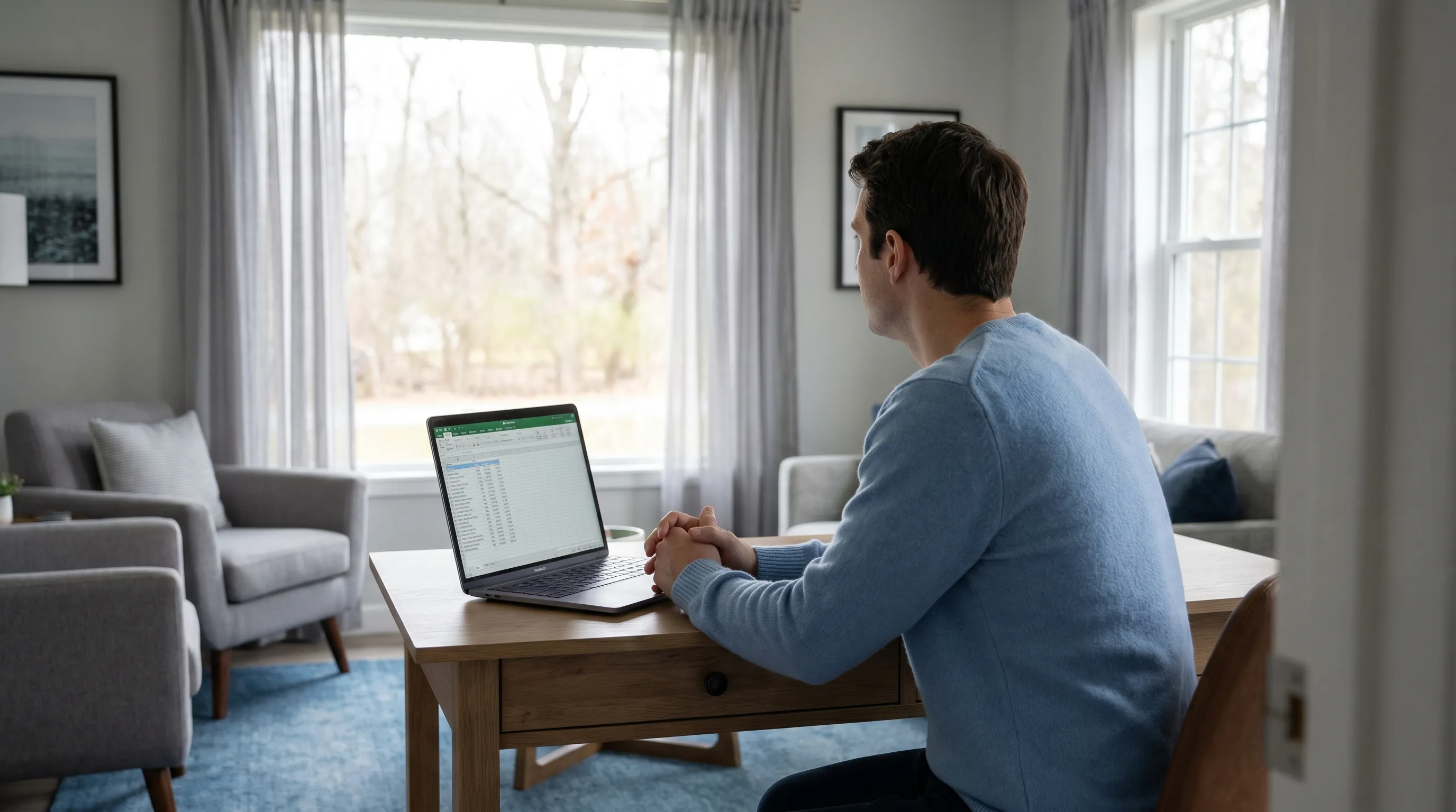 Adult practicing 20-20-20 rule by looking toward window from computer desk