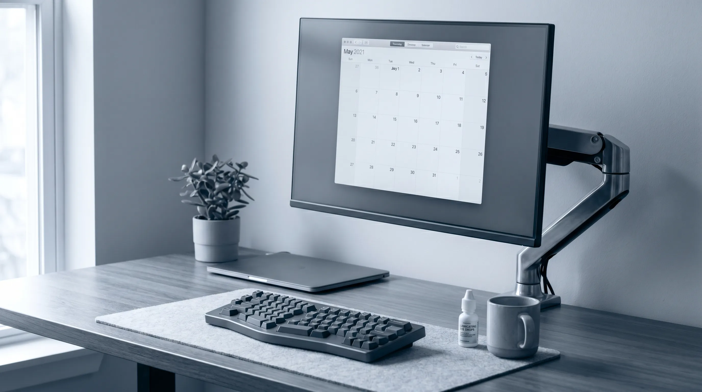 Ergonomic desk setup with anti-glare screen, eye drops, humidifier, and adjustable monitor