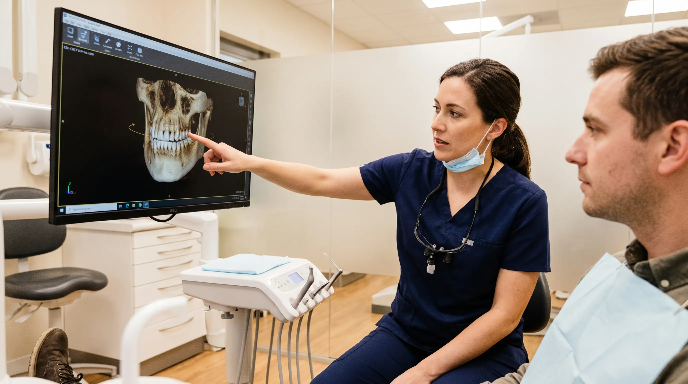 A licensed oral surgeon in blue scrubs reviewing a 3D CBCT scan of a patient's maxillary sinus and jawbone with a patient, clinical lighting, modern dental office environment, lifestyle medical photography, 4:3 ratio