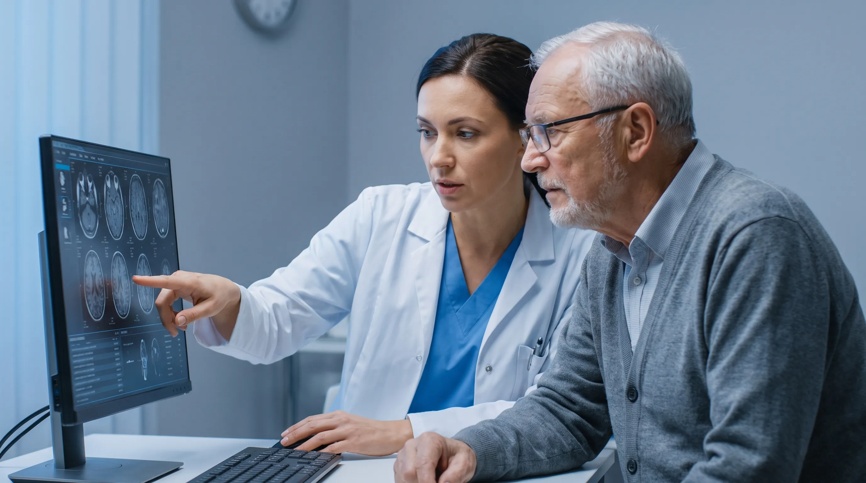 A close-up professional health photo of a doctor and an elderly patient reviewing brain scan imaging on a monitor in a modern hospital room, gray and blue tones, 4:3 ratio