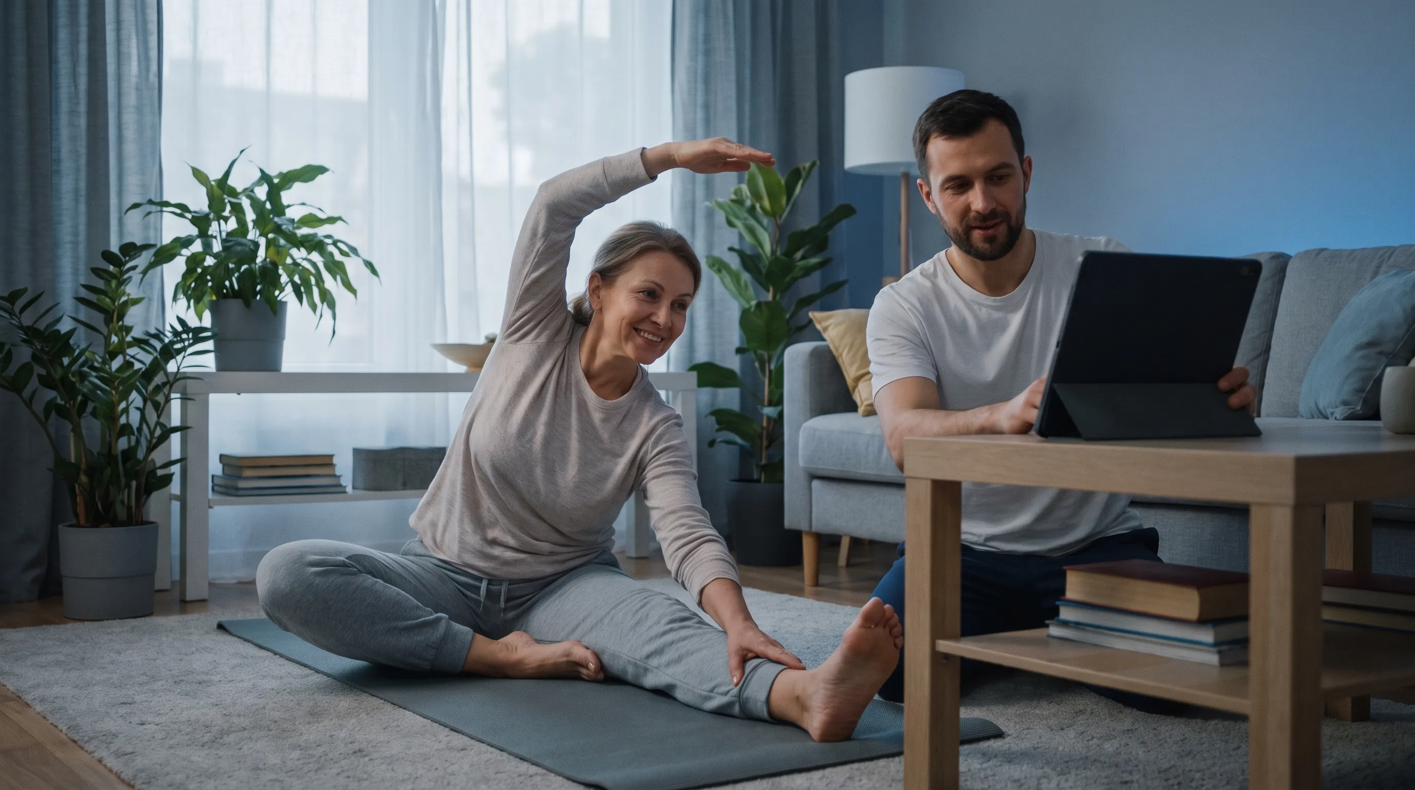 A lifestyle scene of a middle-aged individual practicing gentle yoga and stretching at home with a physical therapist guide on a tablet, soft gray and blue lighting, calm atmosphere, 4:3 ratio