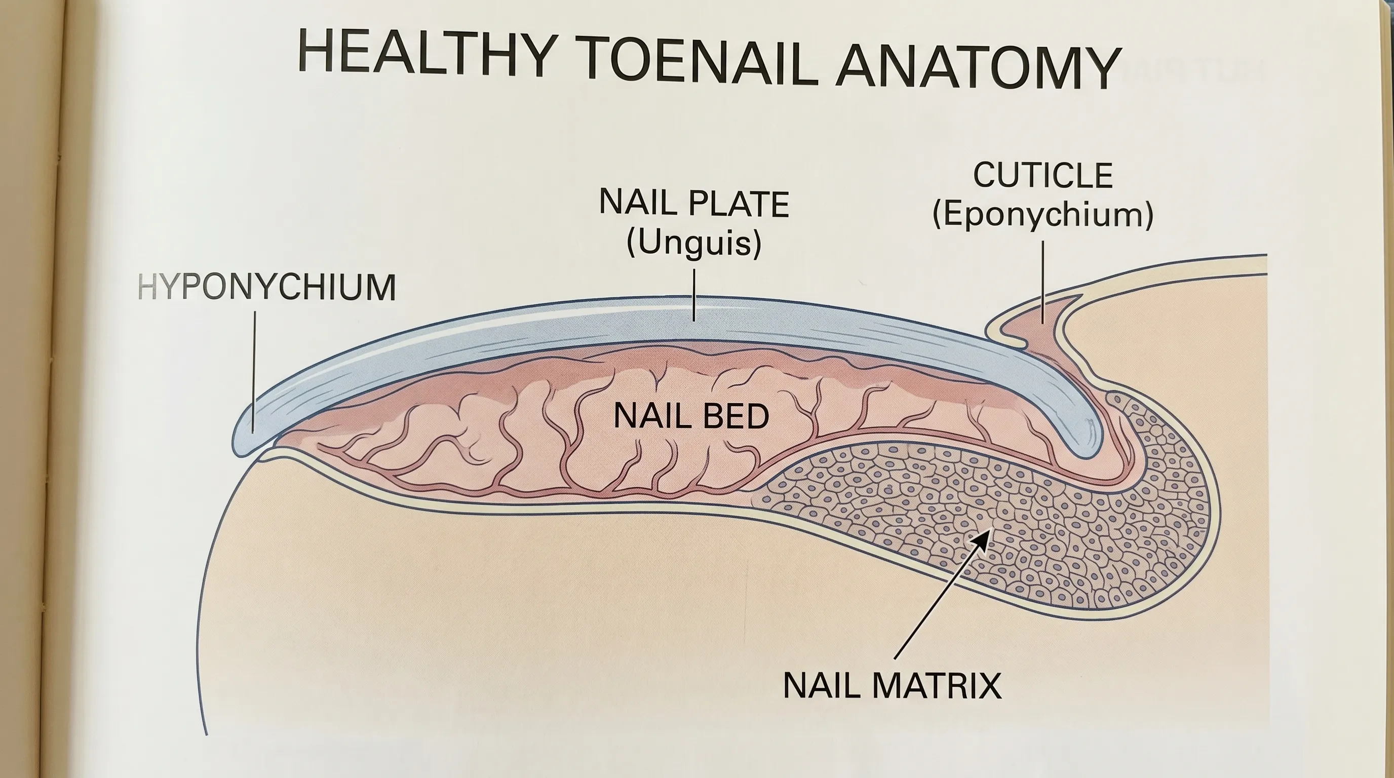 Close-up medical illustration showing the cross-section of a healthy toenail, highlighting the nail plate, nail bed, and matrix layers
