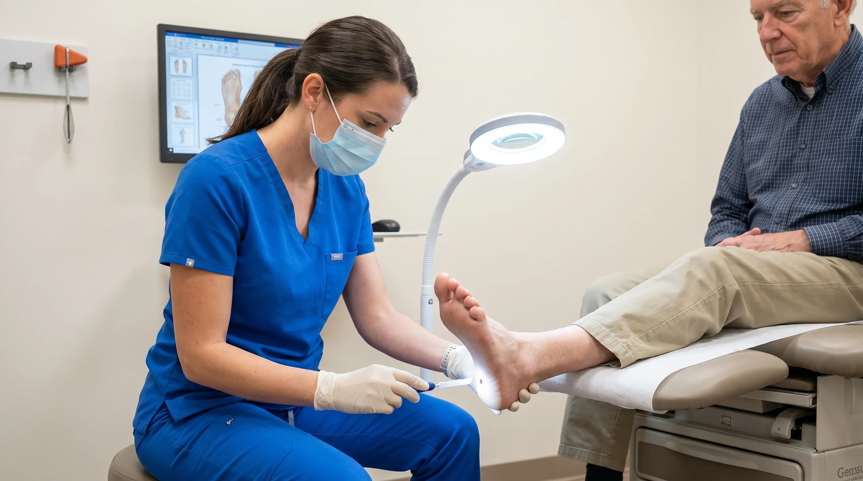 Healthcare professional conducting a routine foot examination, illustrating proper diabetic foot care and nail assessment