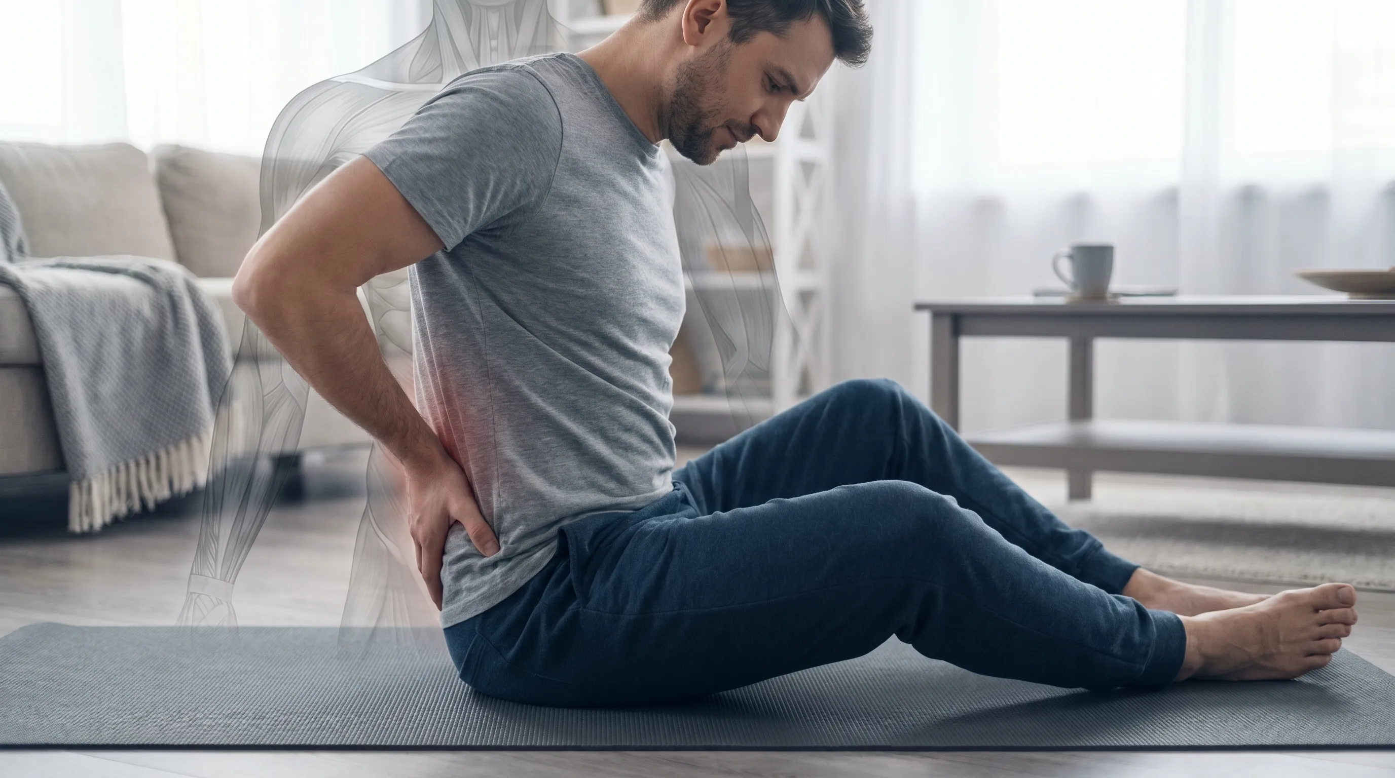 A calm, professional medical illustration style photograph showing a relaxed man stretching on a yoga mat in a softly lit home environment, representing post-sex recovery and comfort